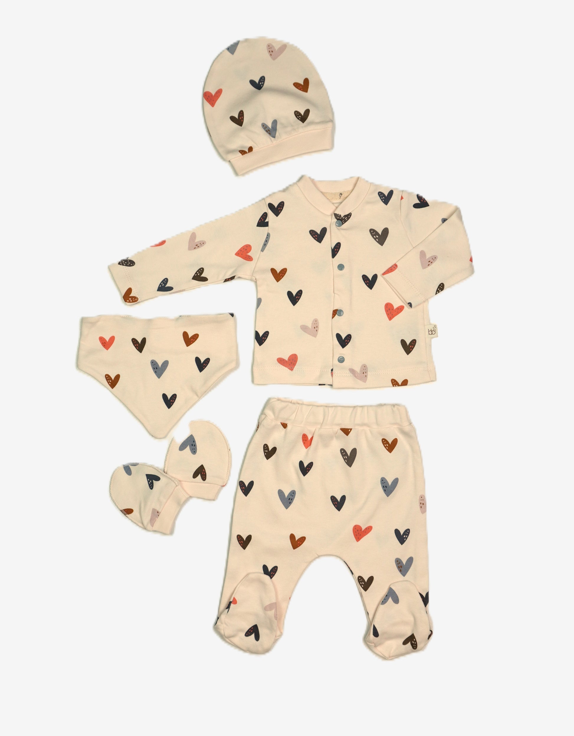 Baby 5-teiliges Geschenkset Herzen Creme – Jacke, Hose, Mütze, Lätzchen & Handschuhe