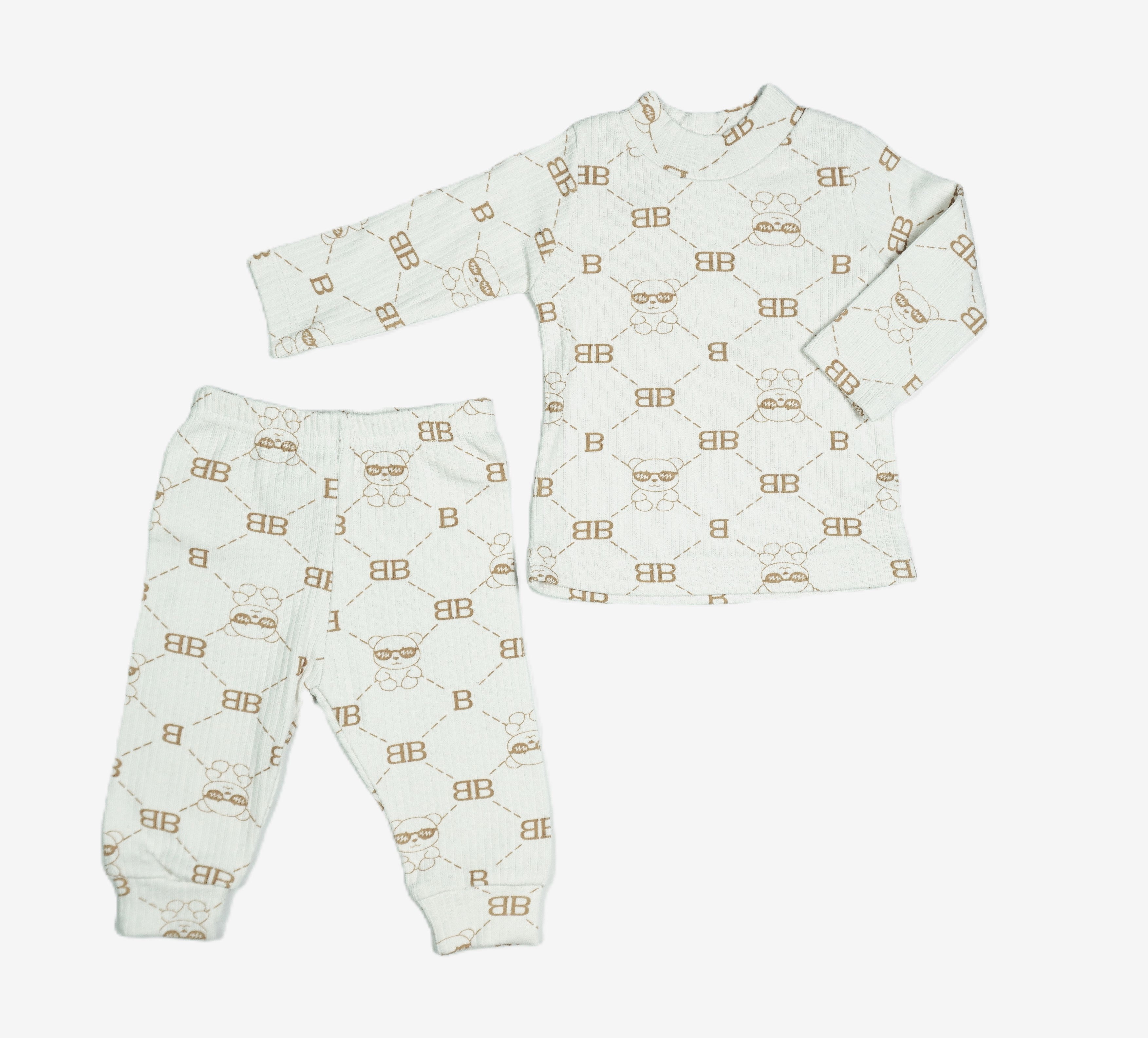 🐻 Baby Jogginganzug – "BB Teddy Bear" Creme Allover-Print (Langarmshirt & Hose)