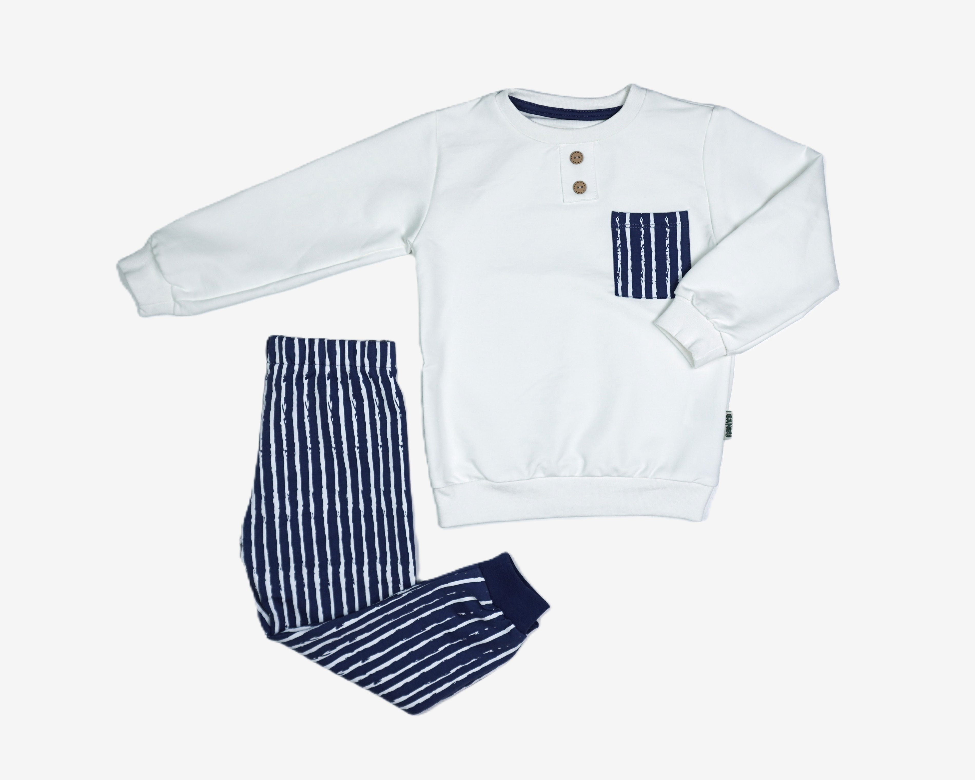 ⚓ Jungen Set – Weißes Sweatshirt mit Brusttasche & Navy Streifen-Jogginghose