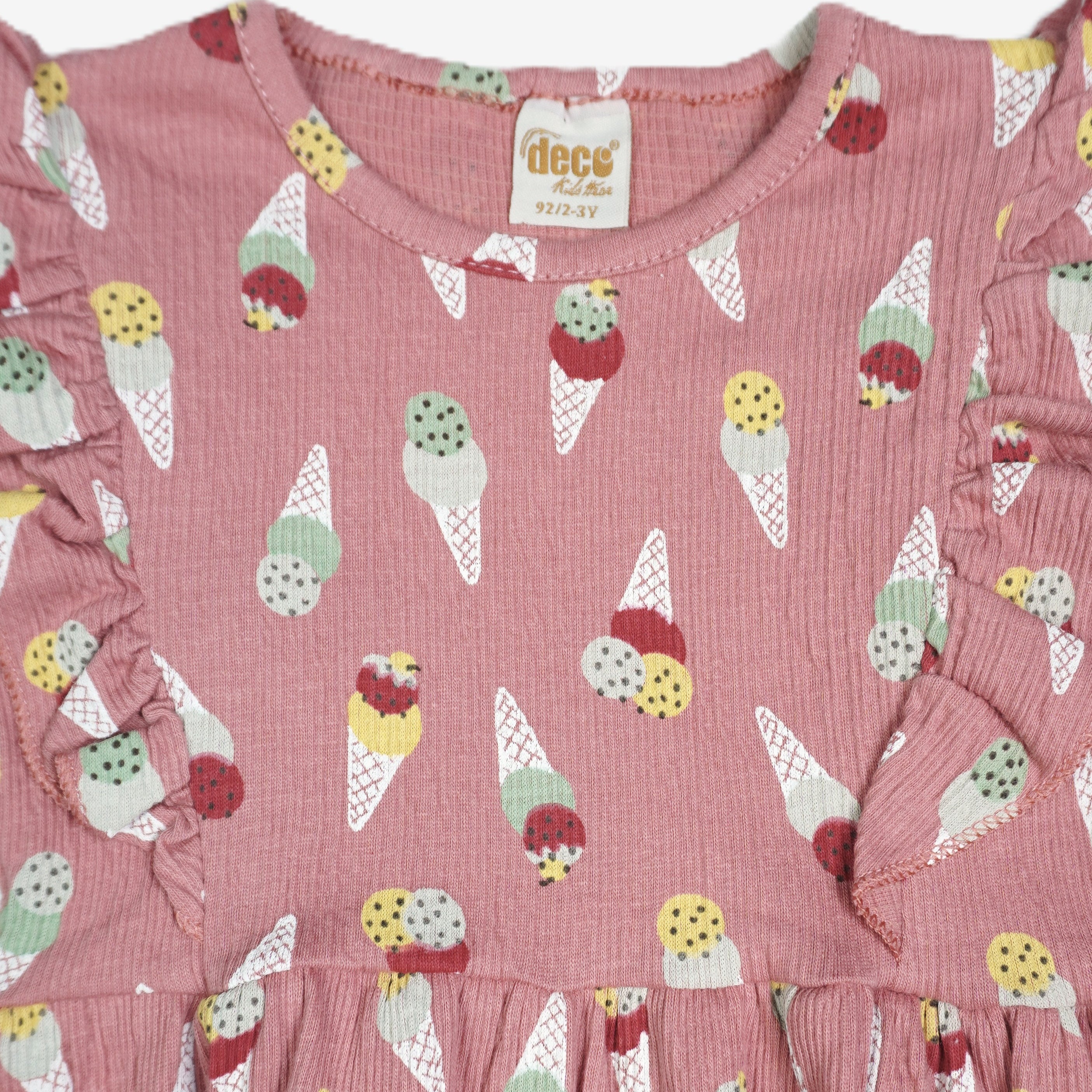 🍦 Deco Kids Mädchen Langarmkleid – Altrosa Eiscreme-Print mit Rüschenträgern