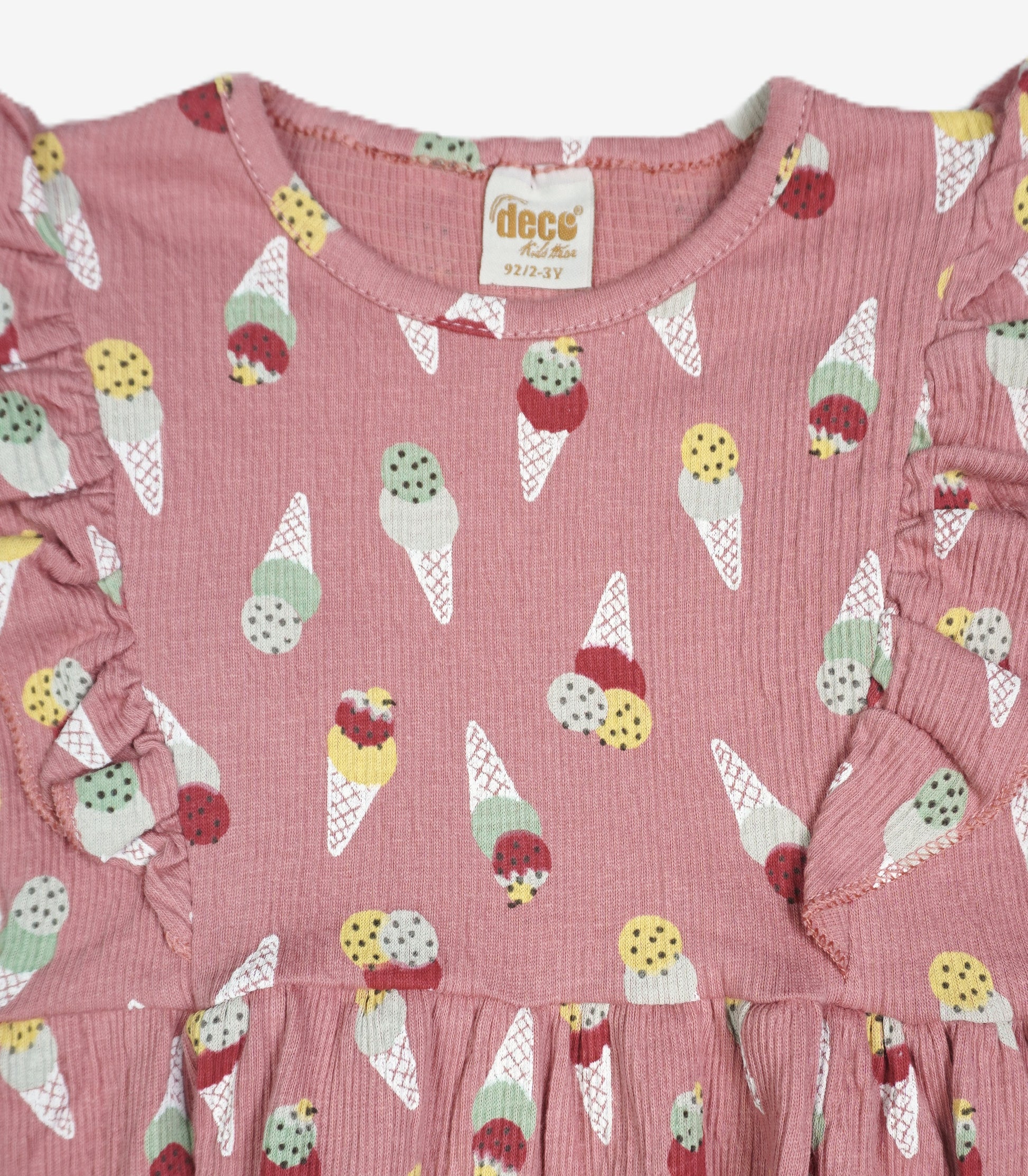 🍦 Deco Kids Mädchen Langarmkleid – Altrosa Eiscreme-Print mit Rüschenträgern