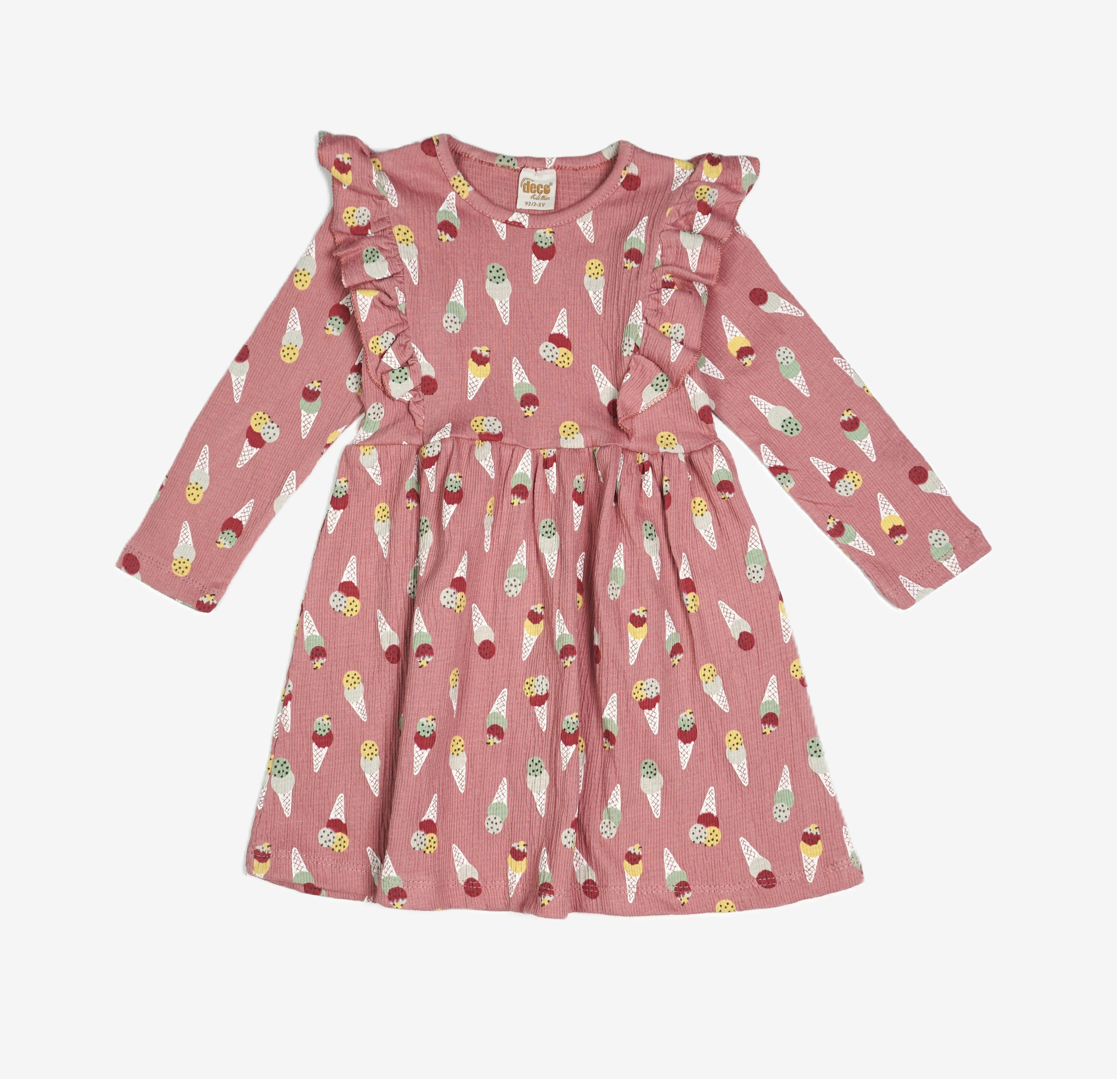 🍦 Deco Kids Mädchen Langarmkleid – Altrosa Eiscreme-Print mit Rüschenträgern