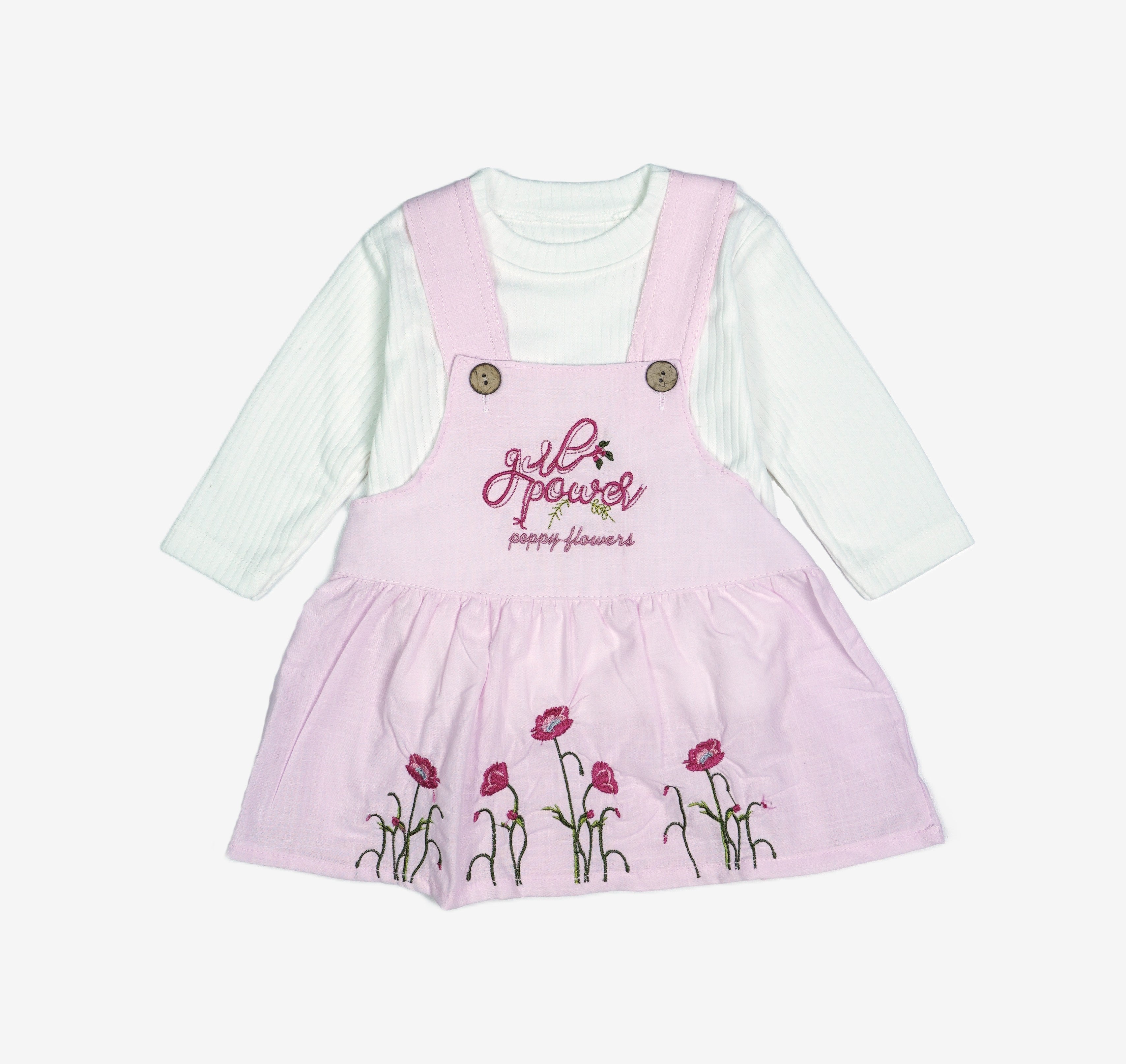 🌸 Baby Mädchen Set – "Girl Power Poppy Flowers" Rosa Latzkleid & Langarmshirt