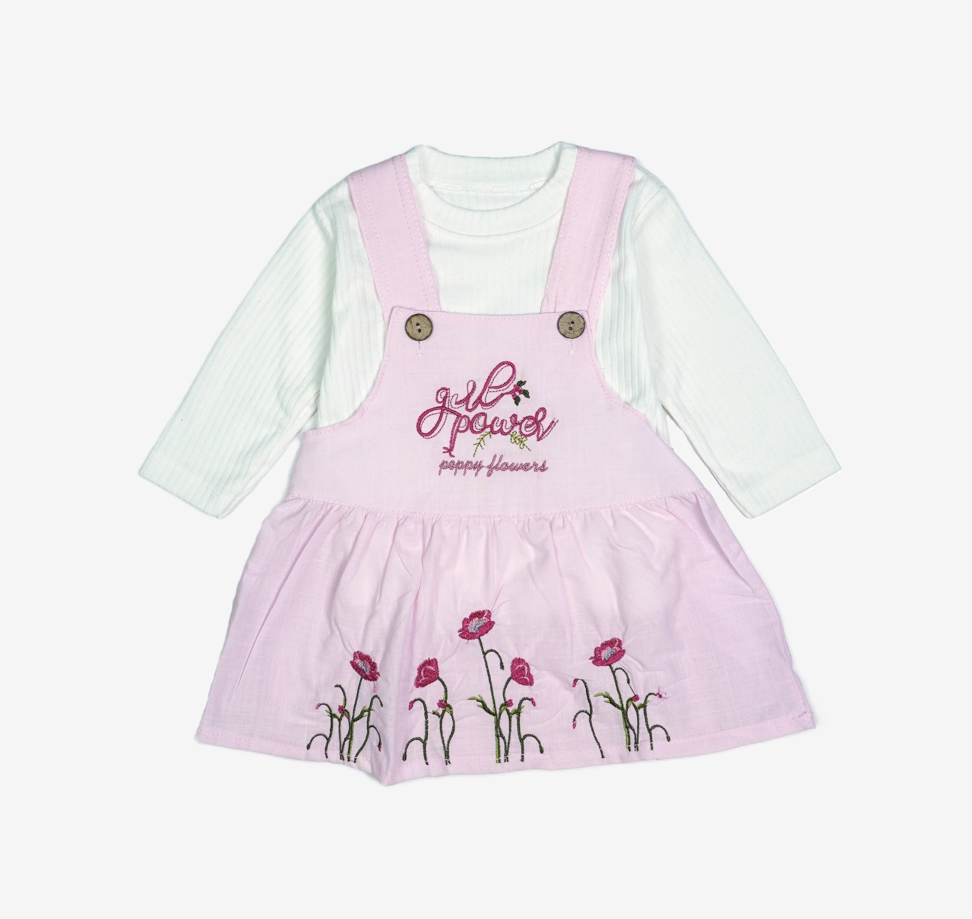 🌸 Baby Mädchen Set – "Girl Power Poppy Flowers" Rosa Latzkleid & Langarmshirt