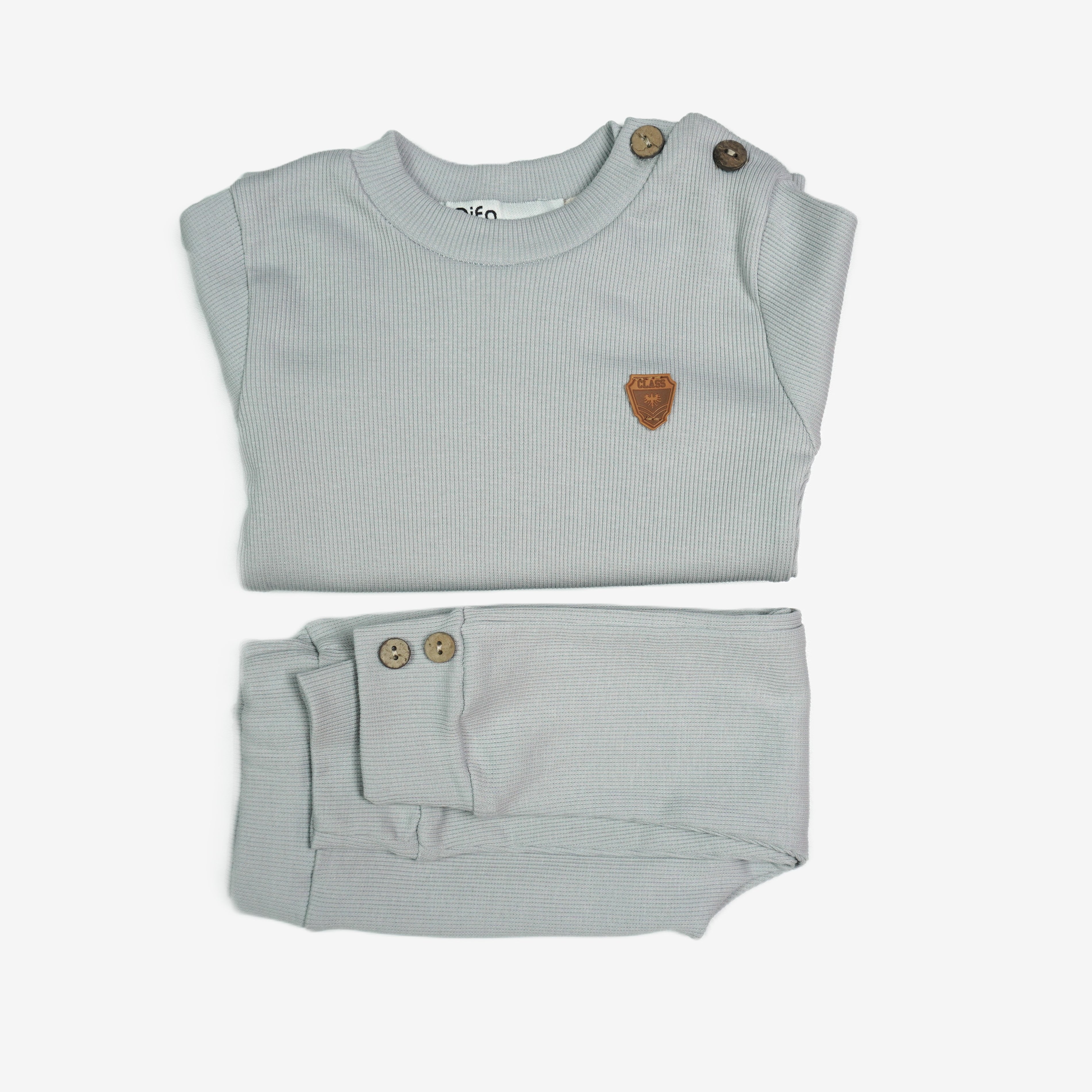 🧲 Difa Baby Jogginganzug – Eisblau Rippenstrick mit Leder-Patch (Sweatshirt & Hose)