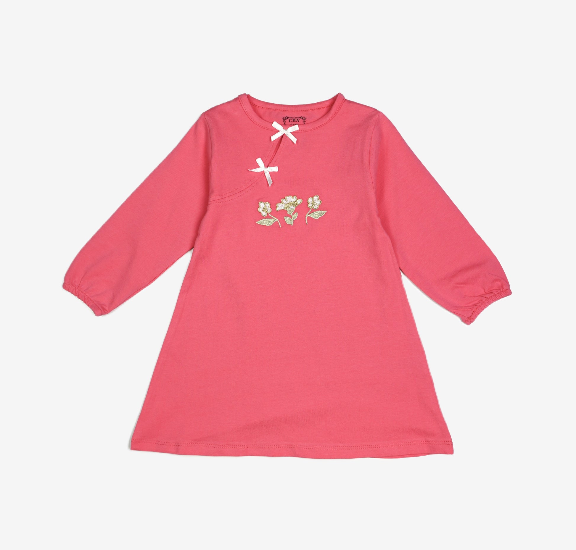 🌸 CHN Mädchen Sweatkleid – Koralle mit Goldblumen-Stickerei & Satinschleifen