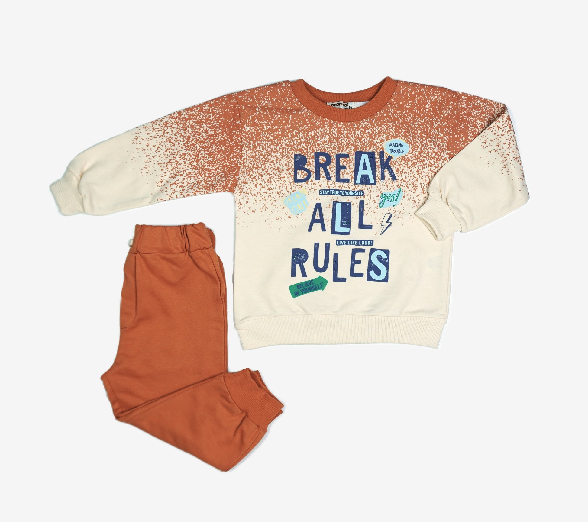 ⚡ Monval Kids Jungen Jogginganzug – "Break All Rules" Creme & Terrakotta (Sweatshirt & Hose)