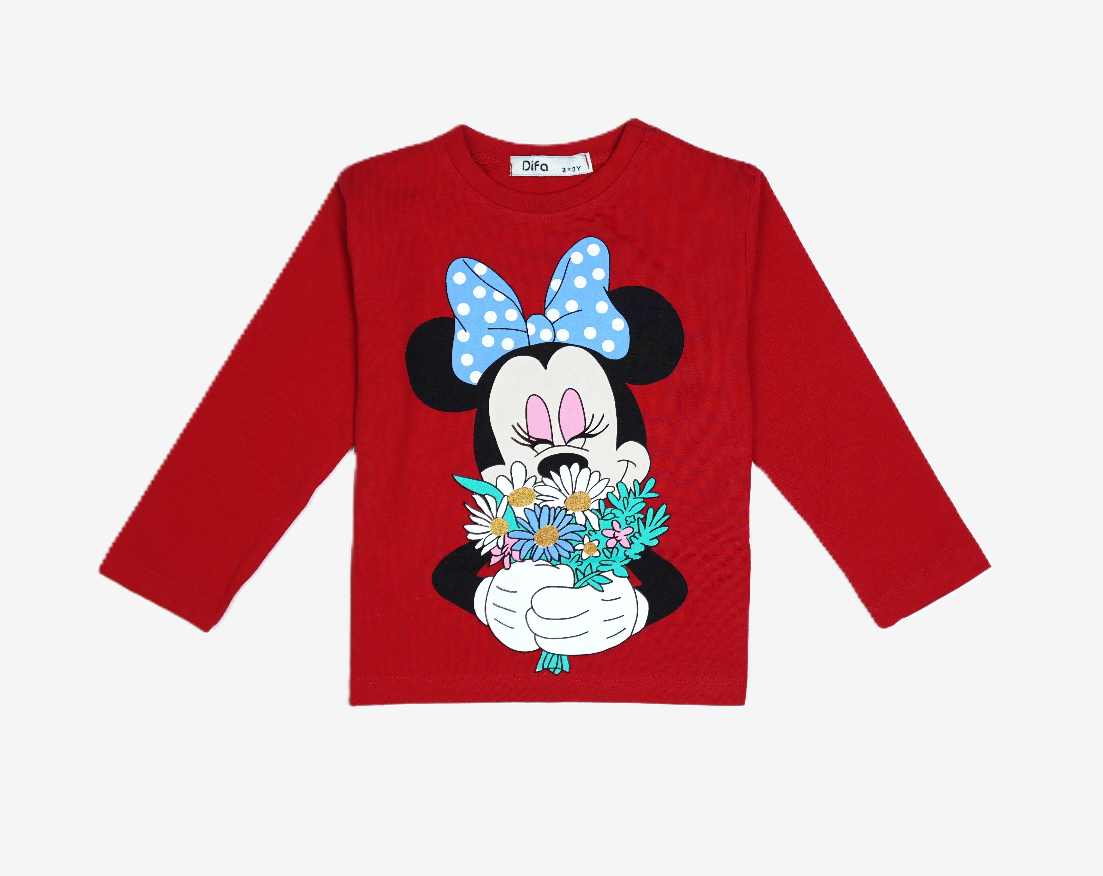 🐭 Difa Mädchen Langarmshirt – Minnie Mouse Rot mit Blumenstrauss (Disney)