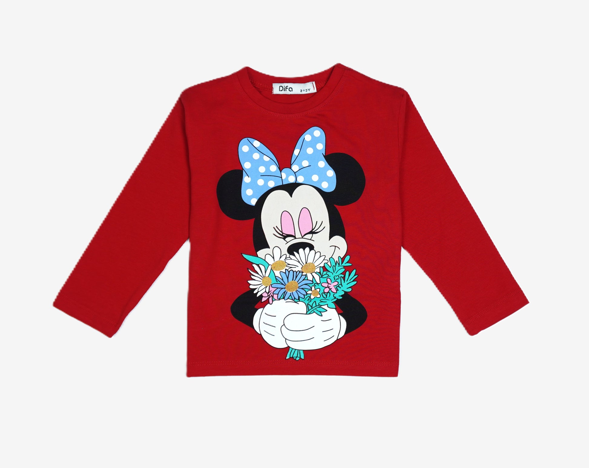 🐭 Difa Mädchen Langarmshirt – Minnie Mouse Rot mit Blumenstrauss (Disney)