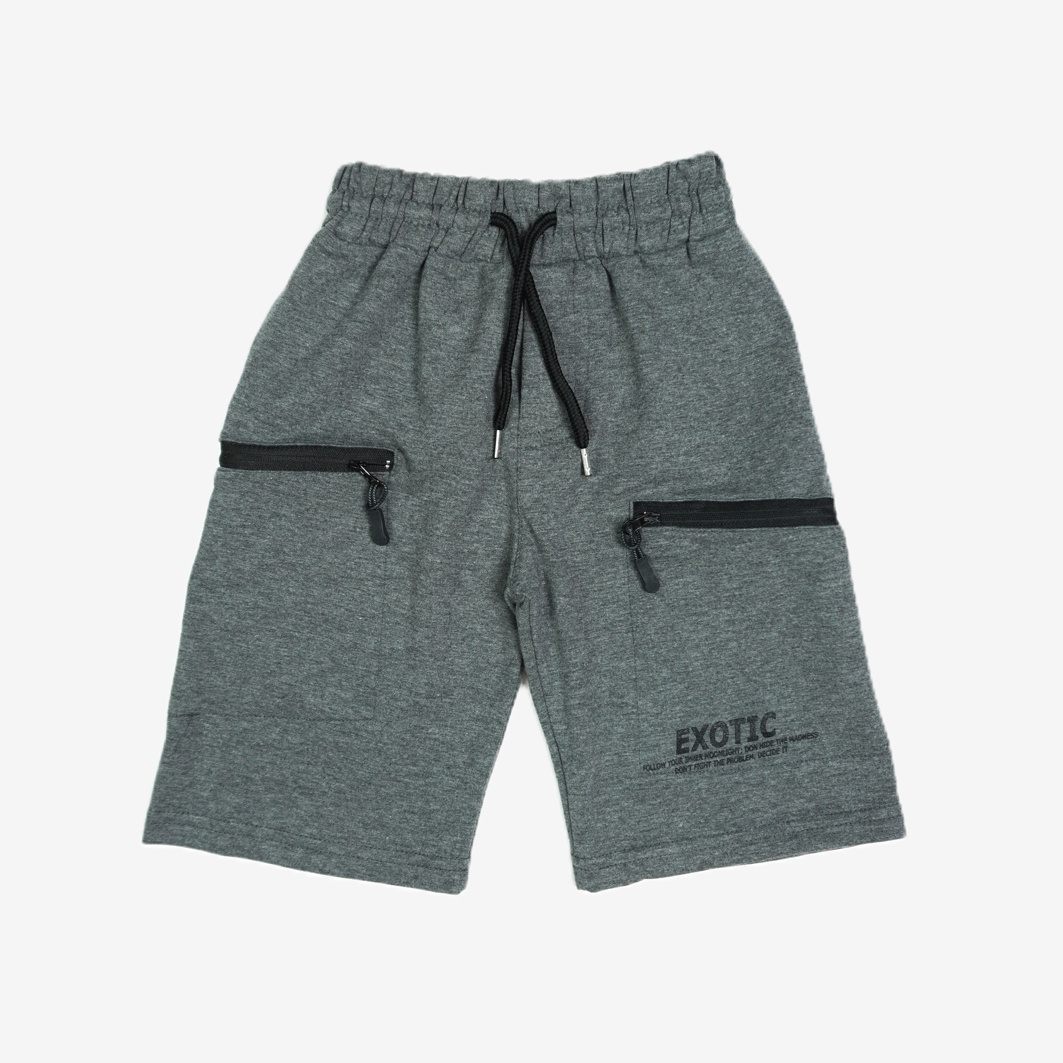 🪖 Jungen Shorts – "Exotic" Grau Melange mit Reissverschlusstaschen & Kordelzug