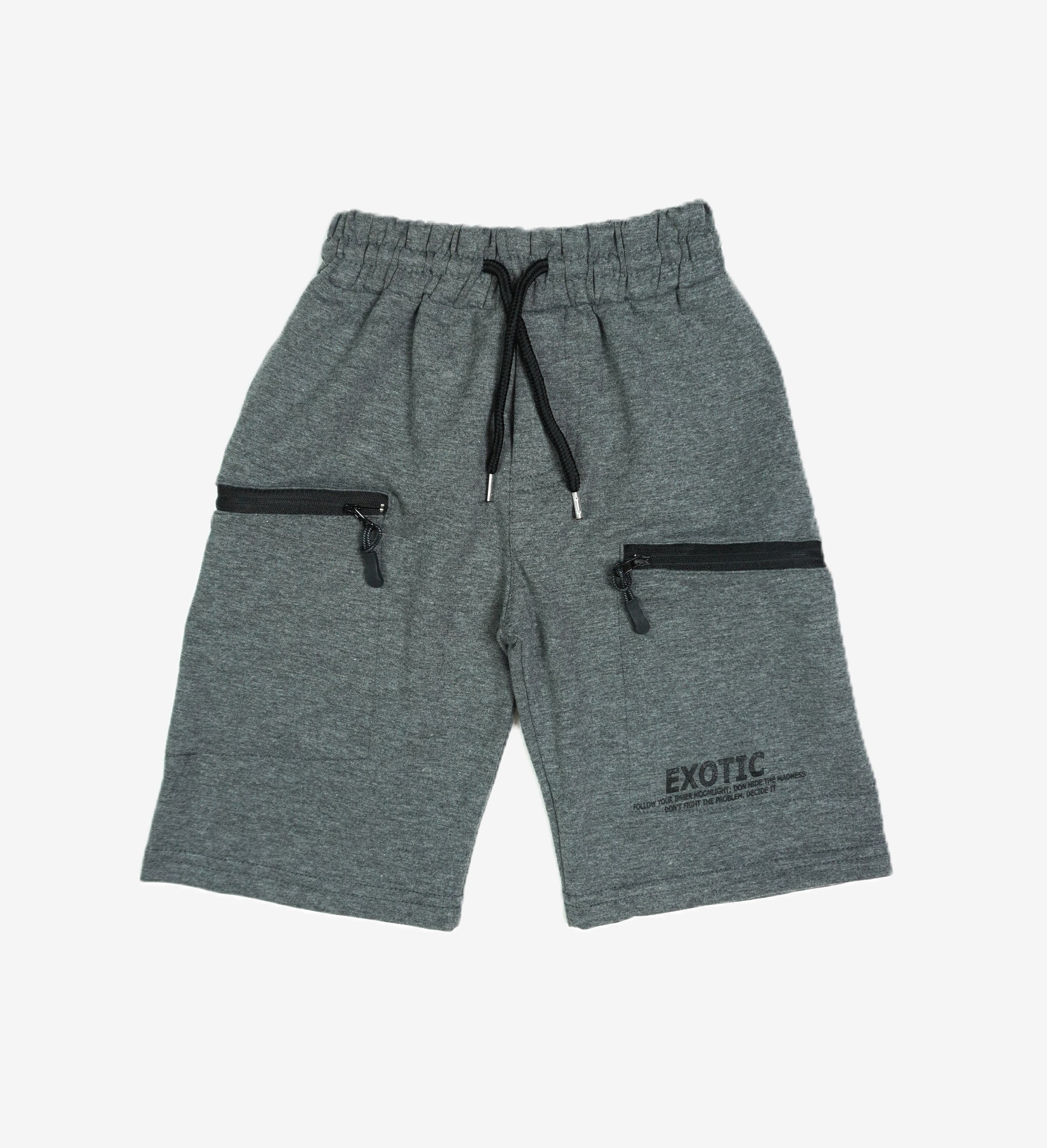 🪖 Jungen Shorts – "Exotic" Grau Melange mit Reissverschlusstaschen & Kordelzug