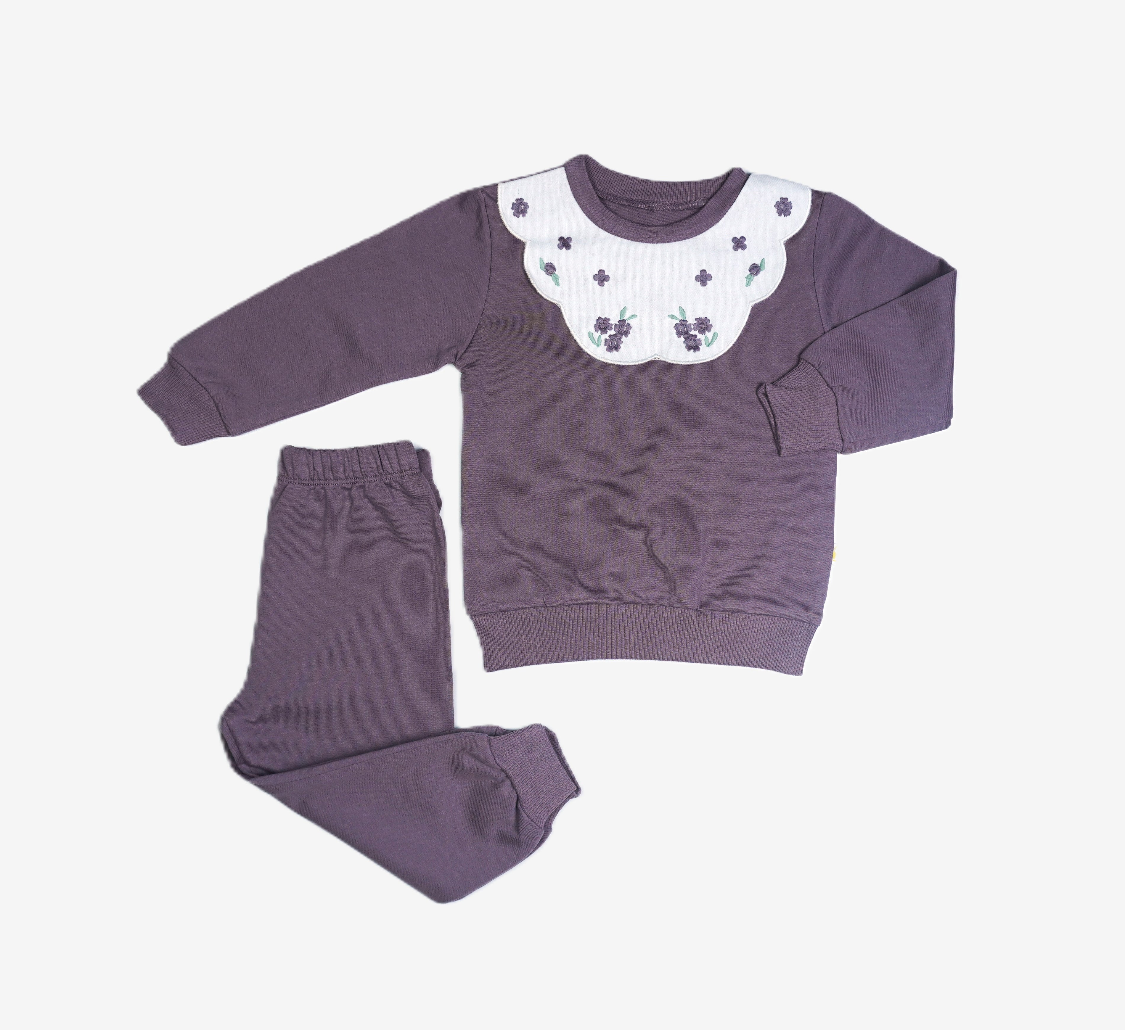 💜 Mädchen Jogginganzug – Mauve mit Peter-Pan-Kragen & Blumenstickerei (Sweatshirt & Hose)