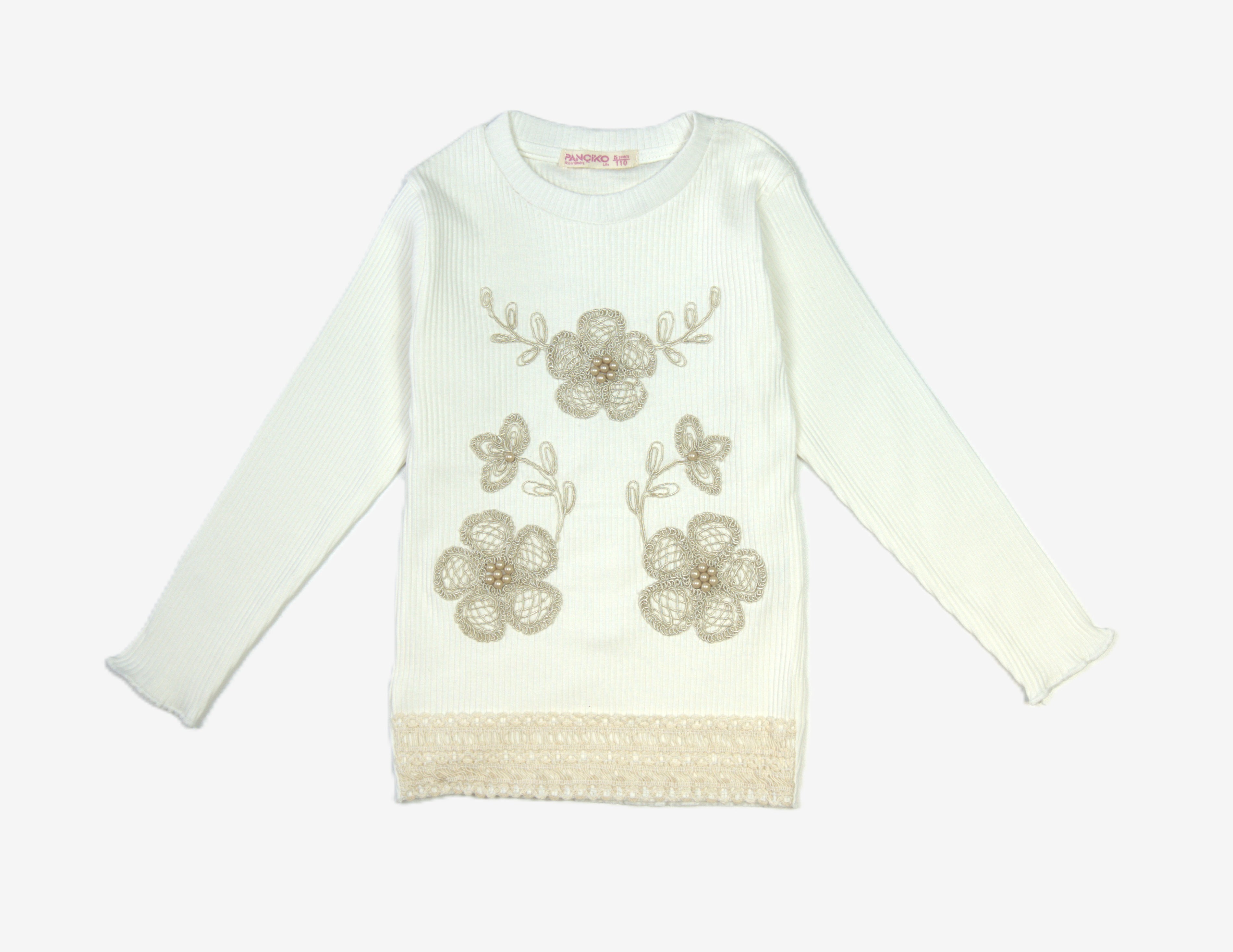 🤍 Pandiko Mädchen Langarmshirt – Weiß mit Spitzenblumen & Perlen-Applikation