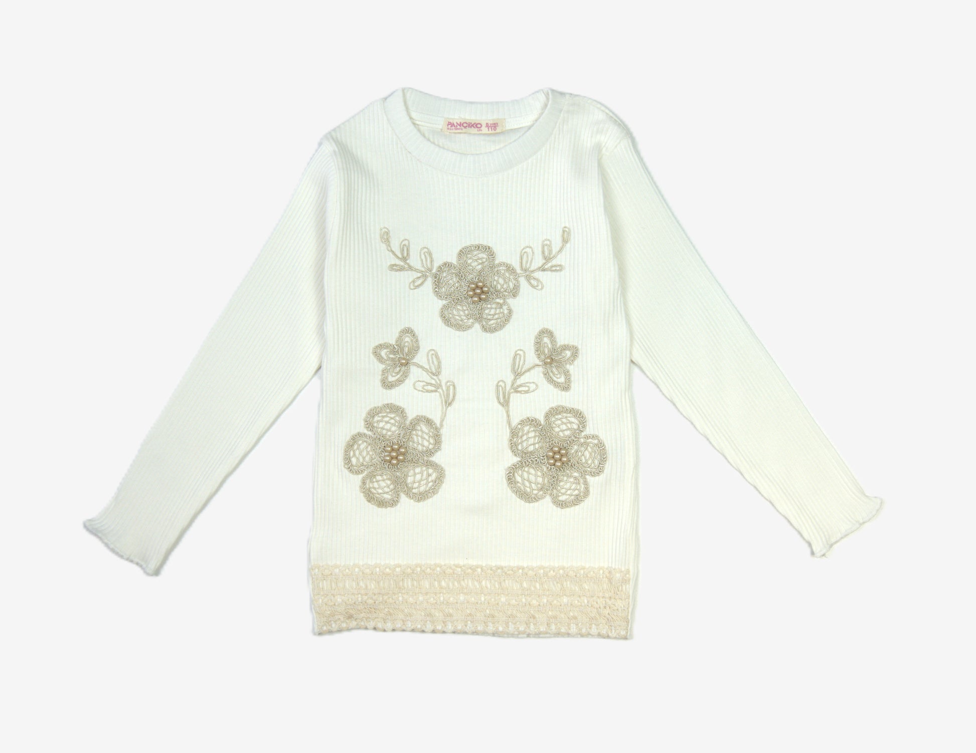 🤍 Pandiko Mädchen Langarmshirt – Weiß mit Spitzenblumen & Perlen-Applikation