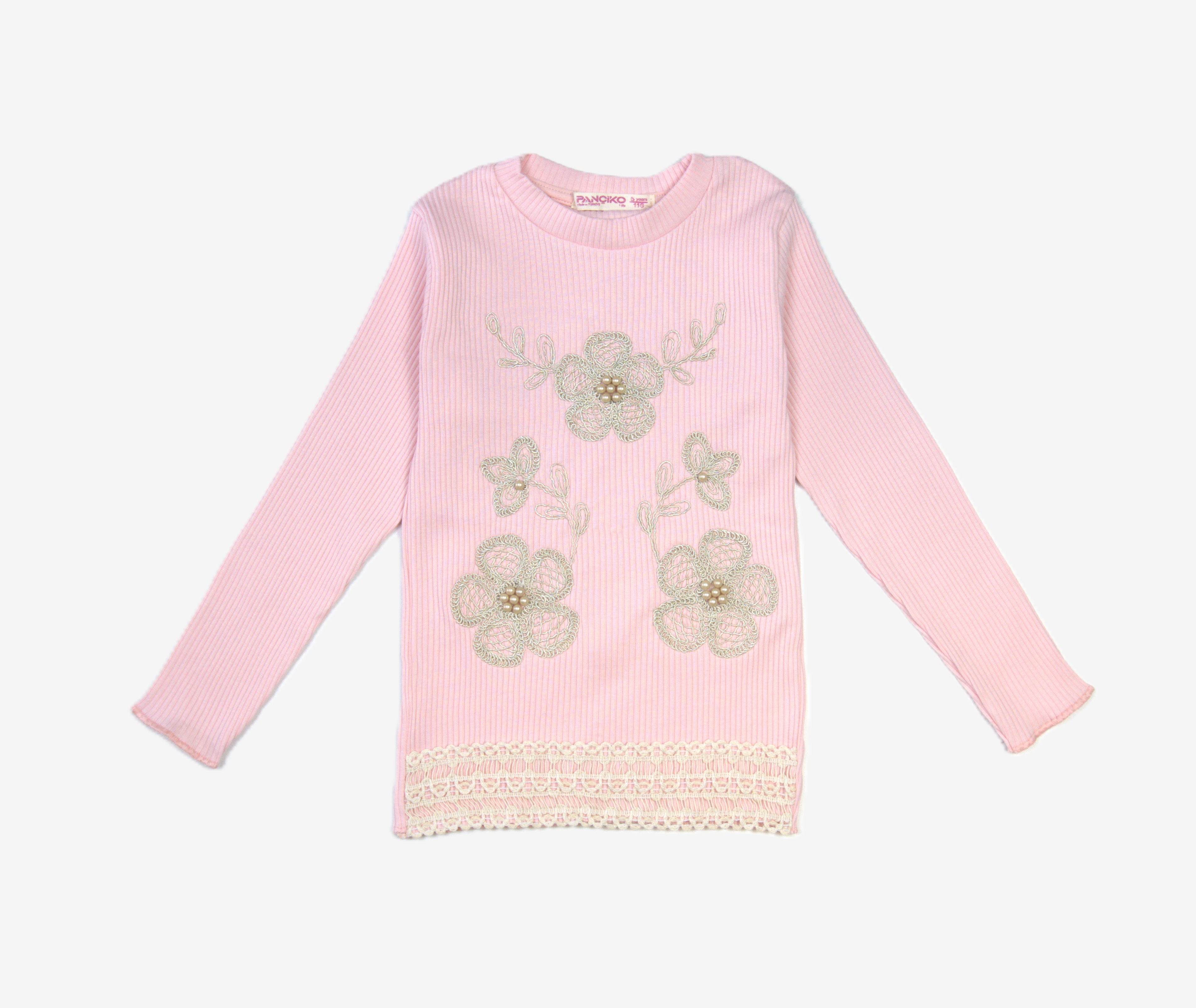 🌸 Pandiko Mädchen Langarmshirt – Rosa mit Spitzenblumen & Perlen-Applikation