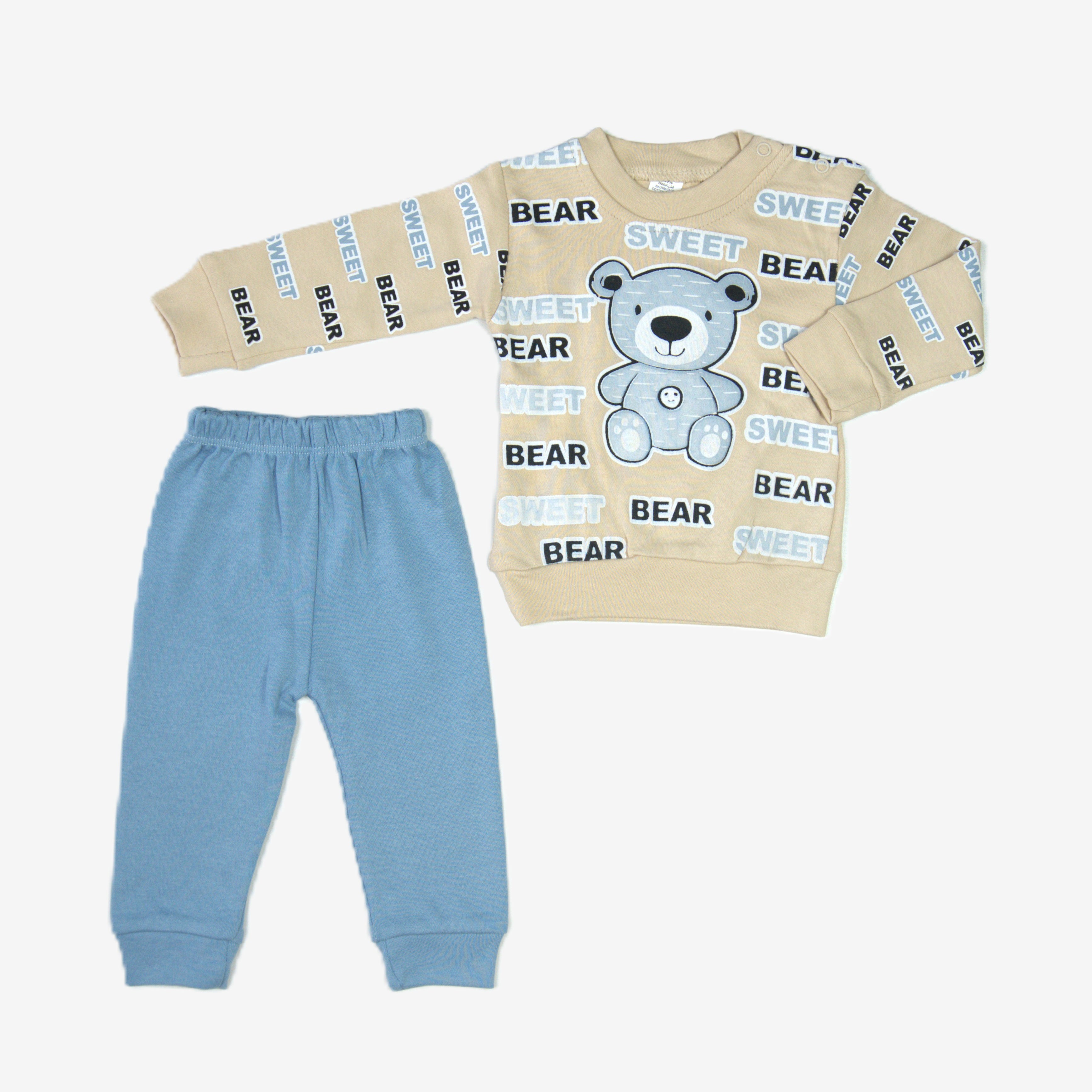 🐻 Baby Jogginganzug – "Sweet Bear" Beige & Hellblau (Sweatshirt & Hose)