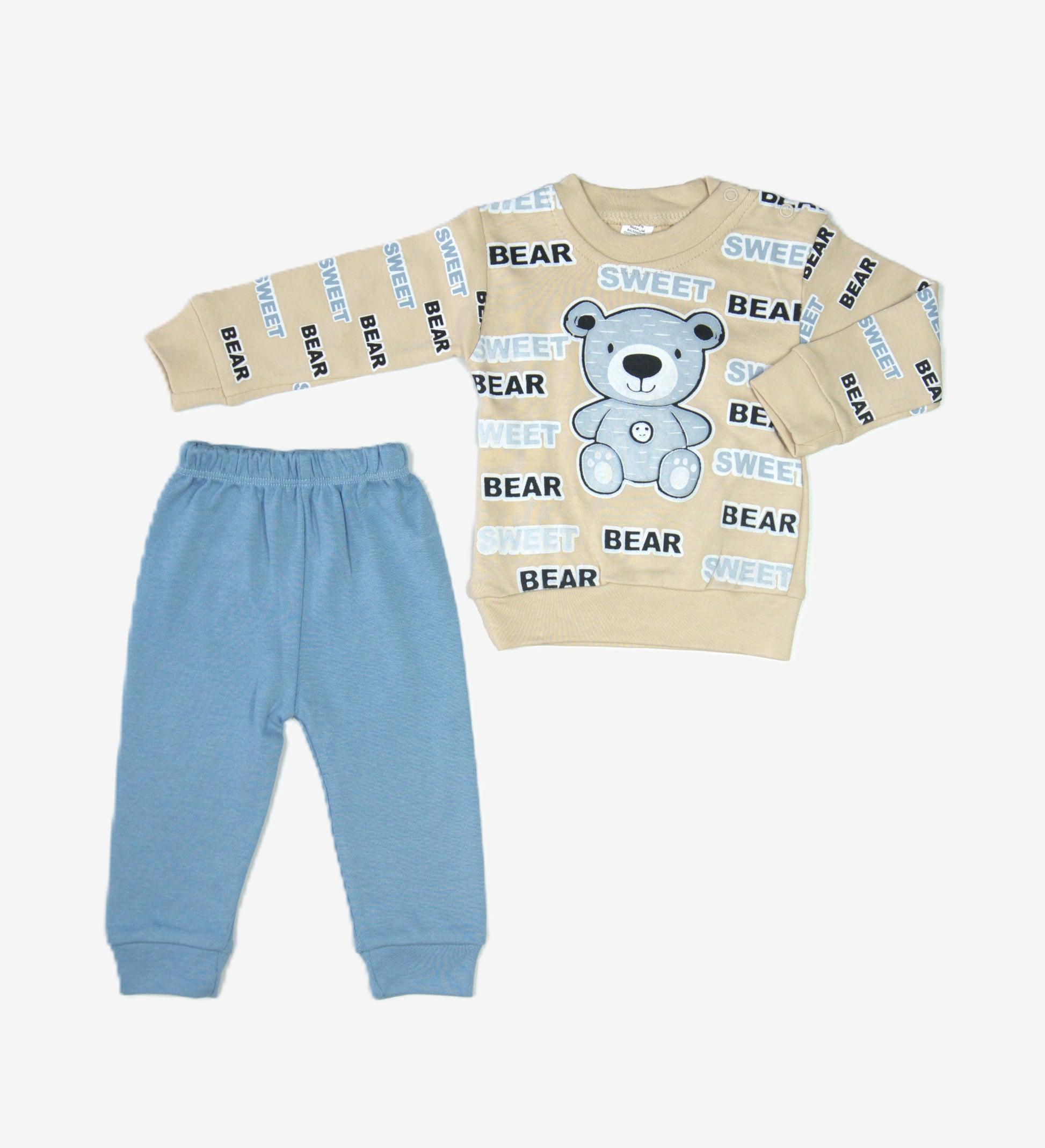 🐻 Baby Jogginganzug – "Sweet Bear" Beige & Hellblau (Sweatshirt & Hose)