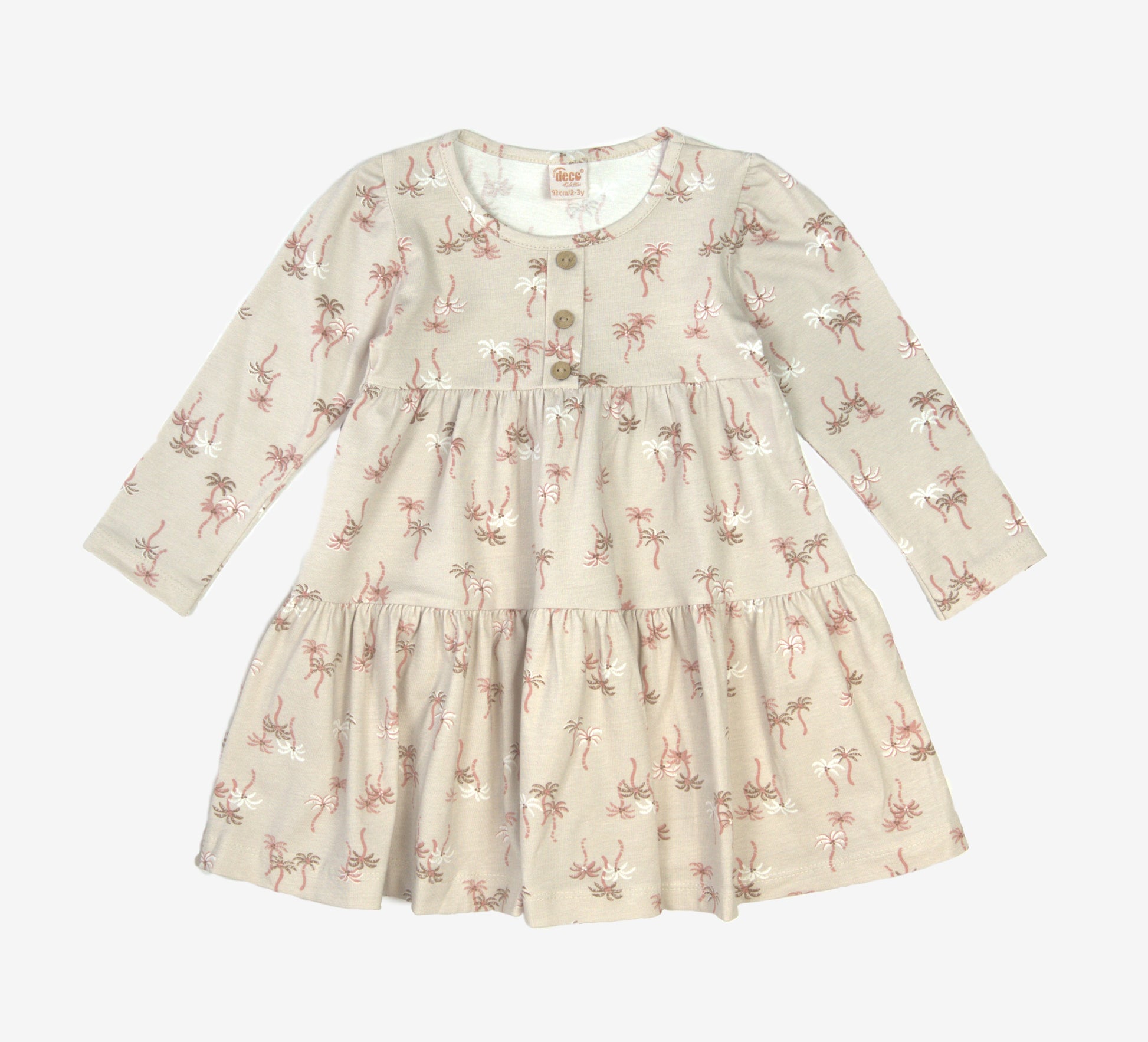 🌴 Decs Kids Mädchen Langarmkleid – Creme mit Palmen-Print