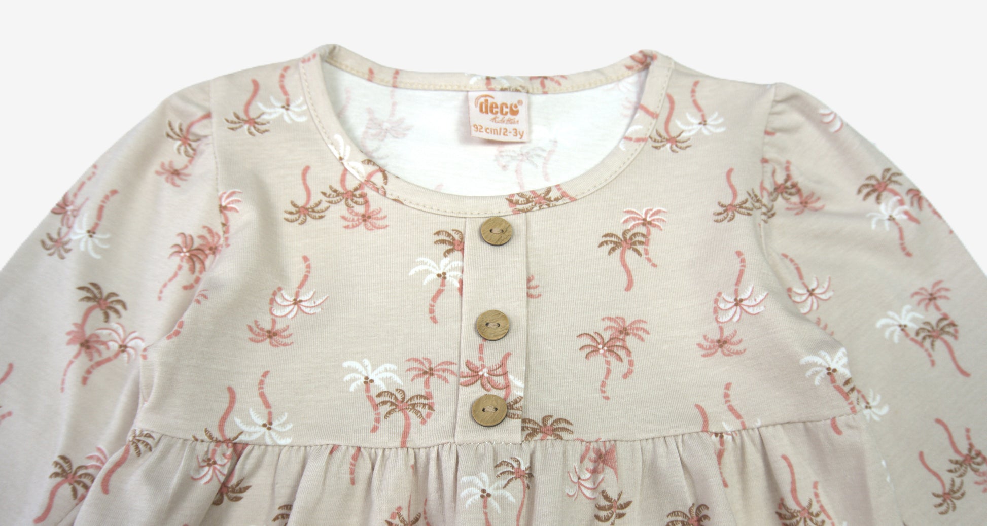 🌴 Decs Kids Mädchen Langarmkleid – Creme mit Palmen-Print