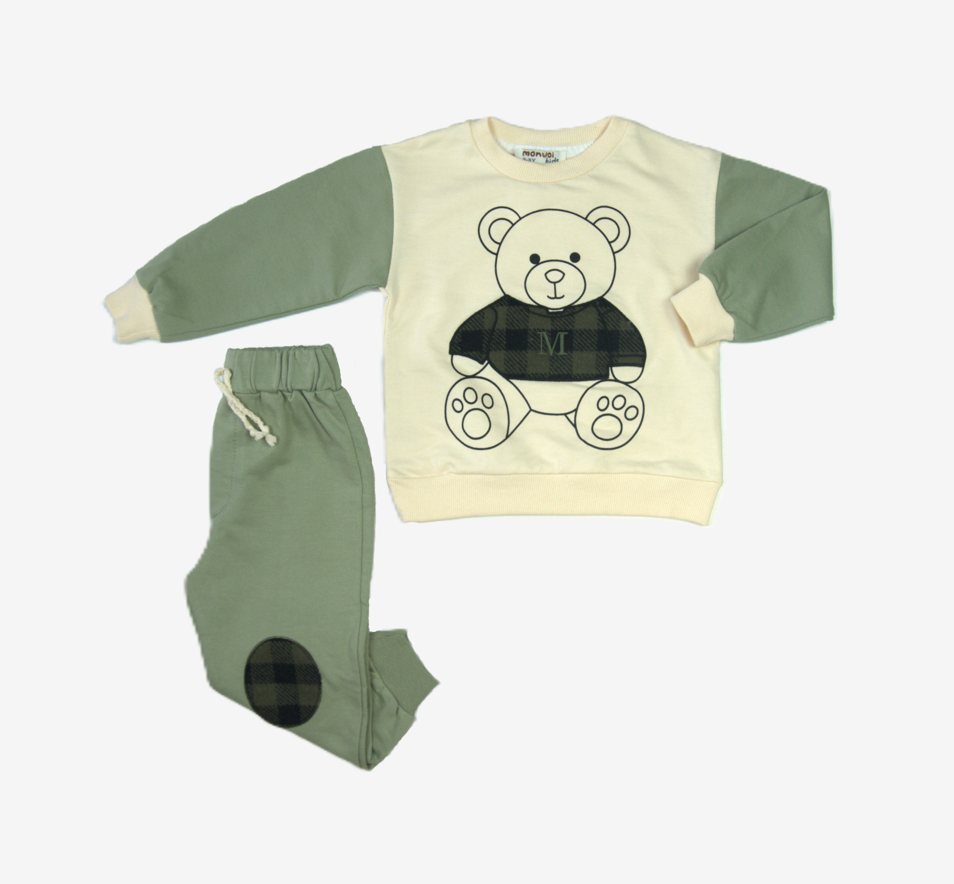 🐻 Monval Kids Jungen Jogginganzug – Teddybär Creme & Salbei (Sweatshirt & Hose)