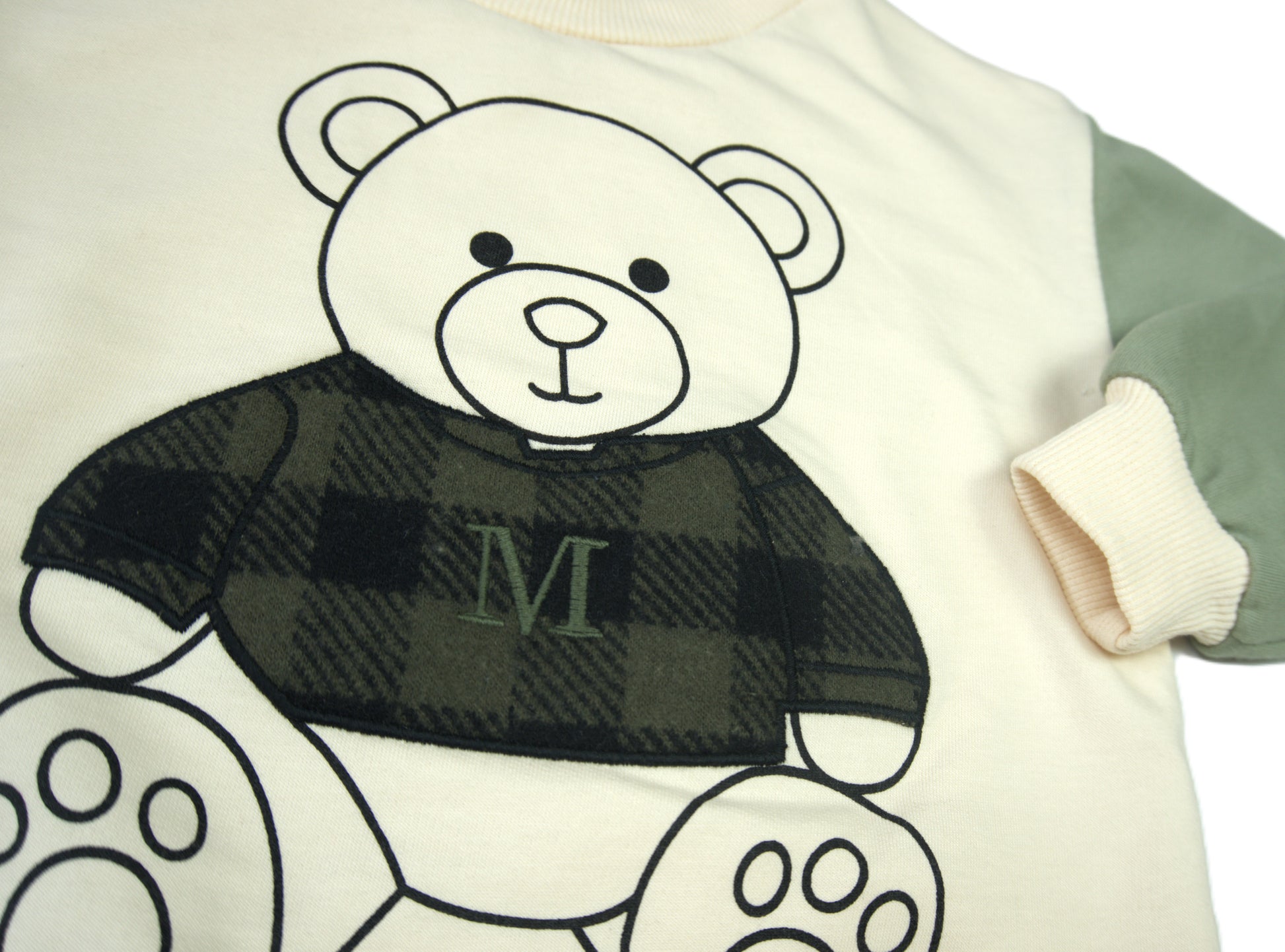🐻 Monval Kids Jungen Jogginganzug – Teddybär Creme & Salbei (Sweatshirt & Hose)