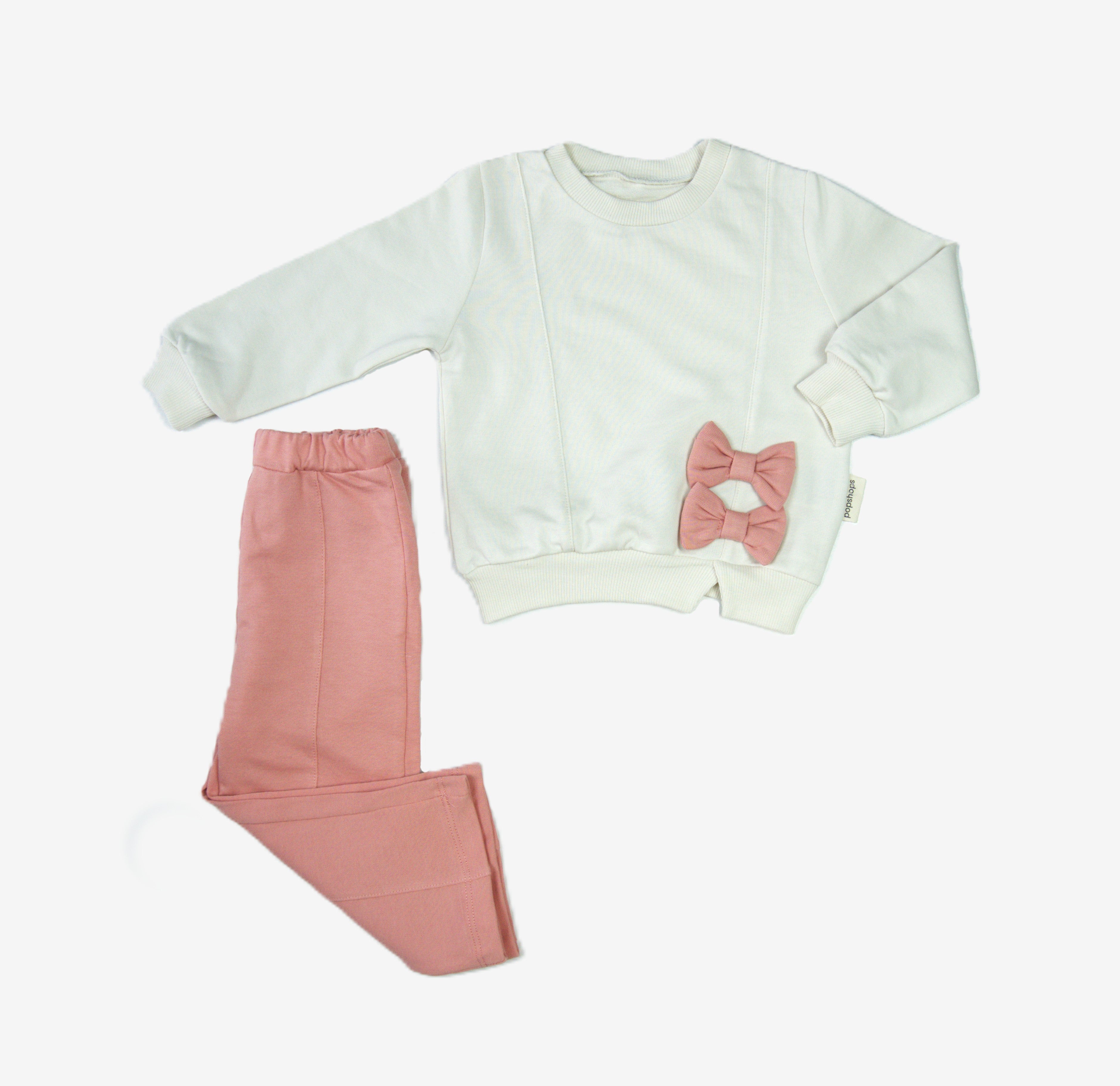 🎀 Popsnops Mädchen Set – Creme & Rosa mit 3D-Schleifen (Sweatshirt & Hose)