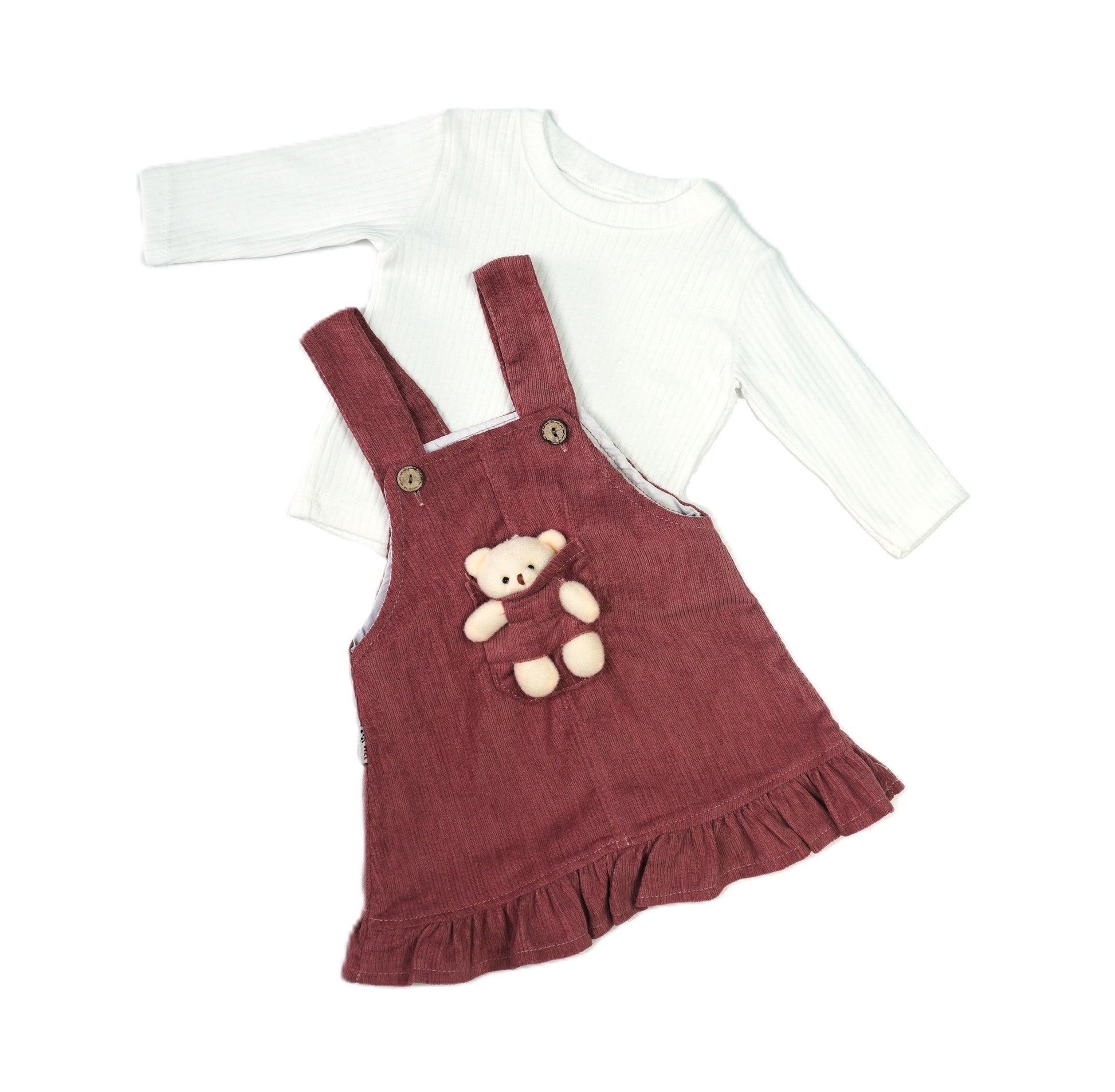🐻 Baby Mädchen Set – Altrosa Cord-Latzkleid mit Teddybär & Langarmshirt