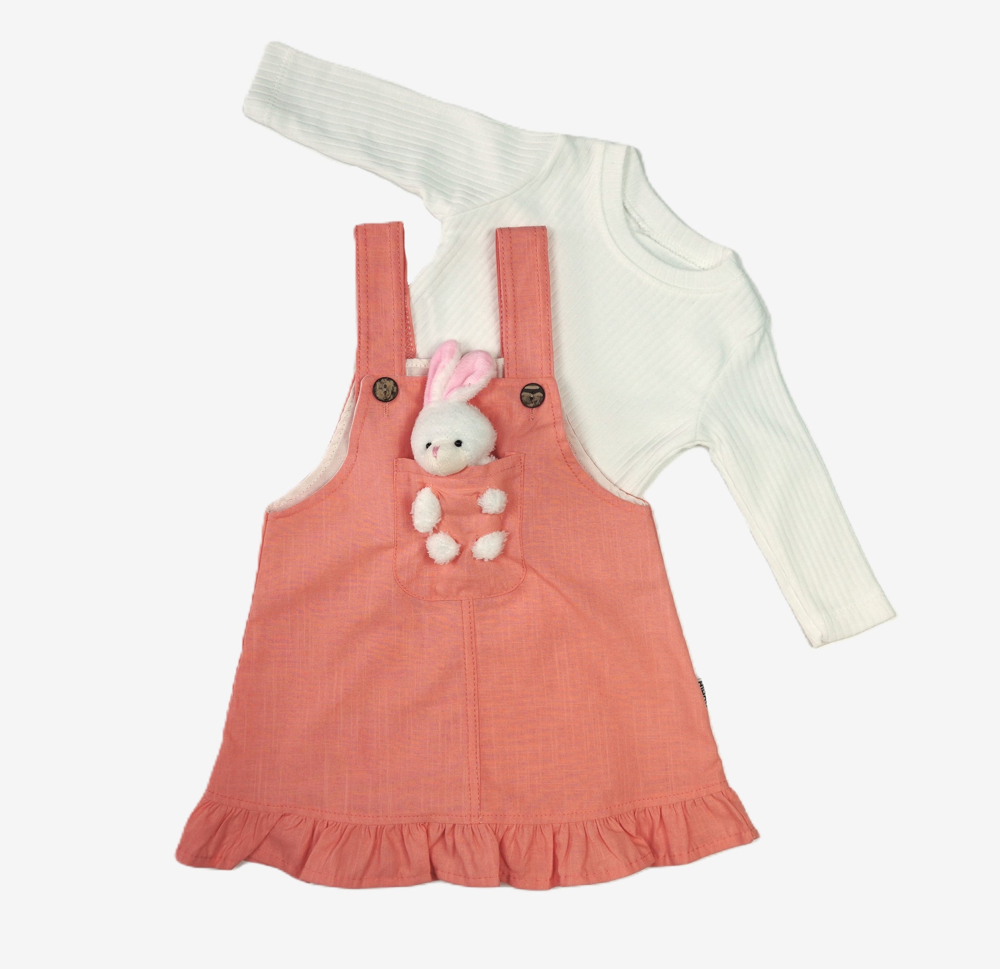 🐰 Baby Mädchen Set – Lachsrosa Latzkleid mit Hase & Langarmshirt