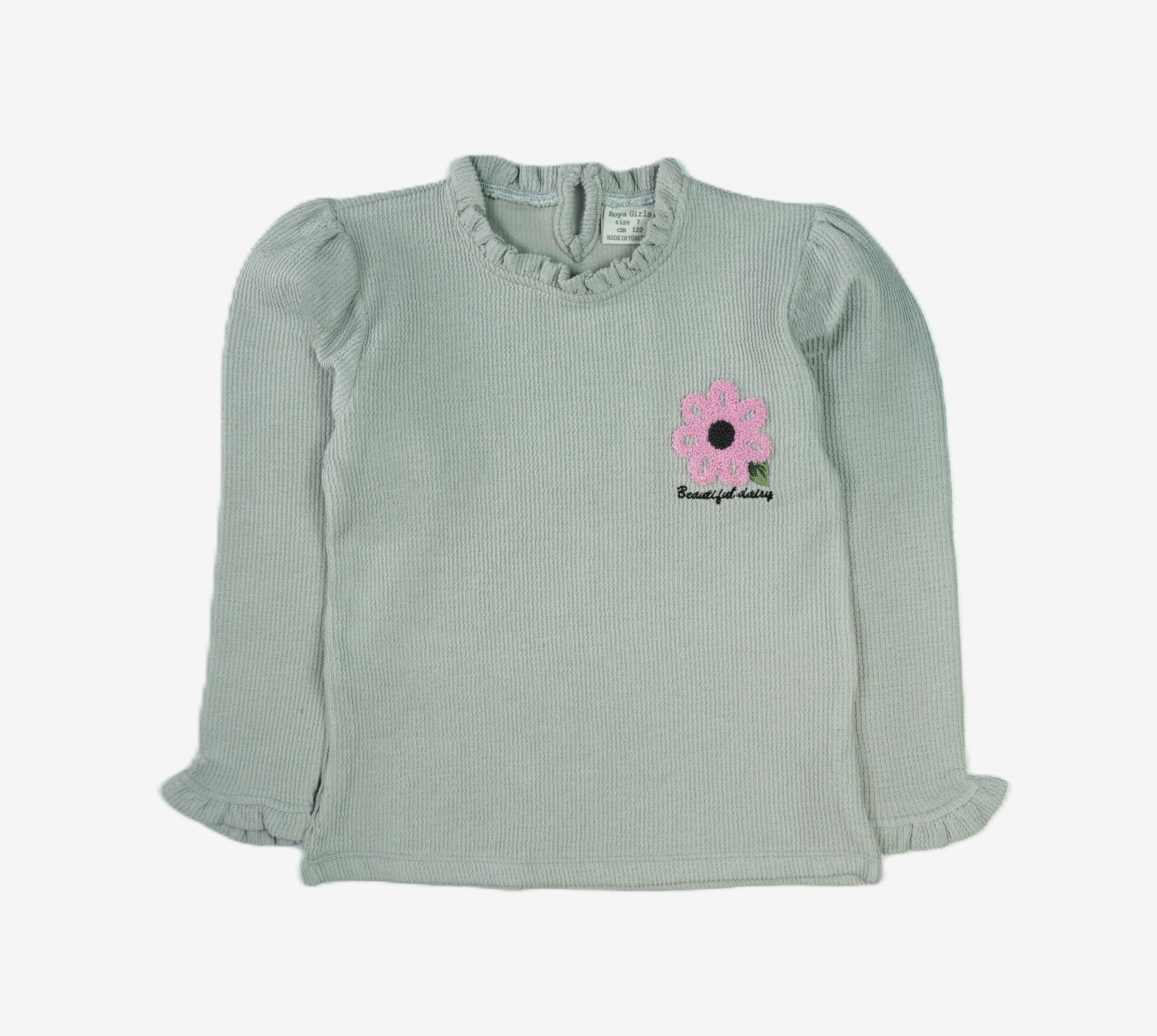 🌼 Roya Girls Mädchen Langarmshirt – Salbei "Beautiful Daisy" Stickerei