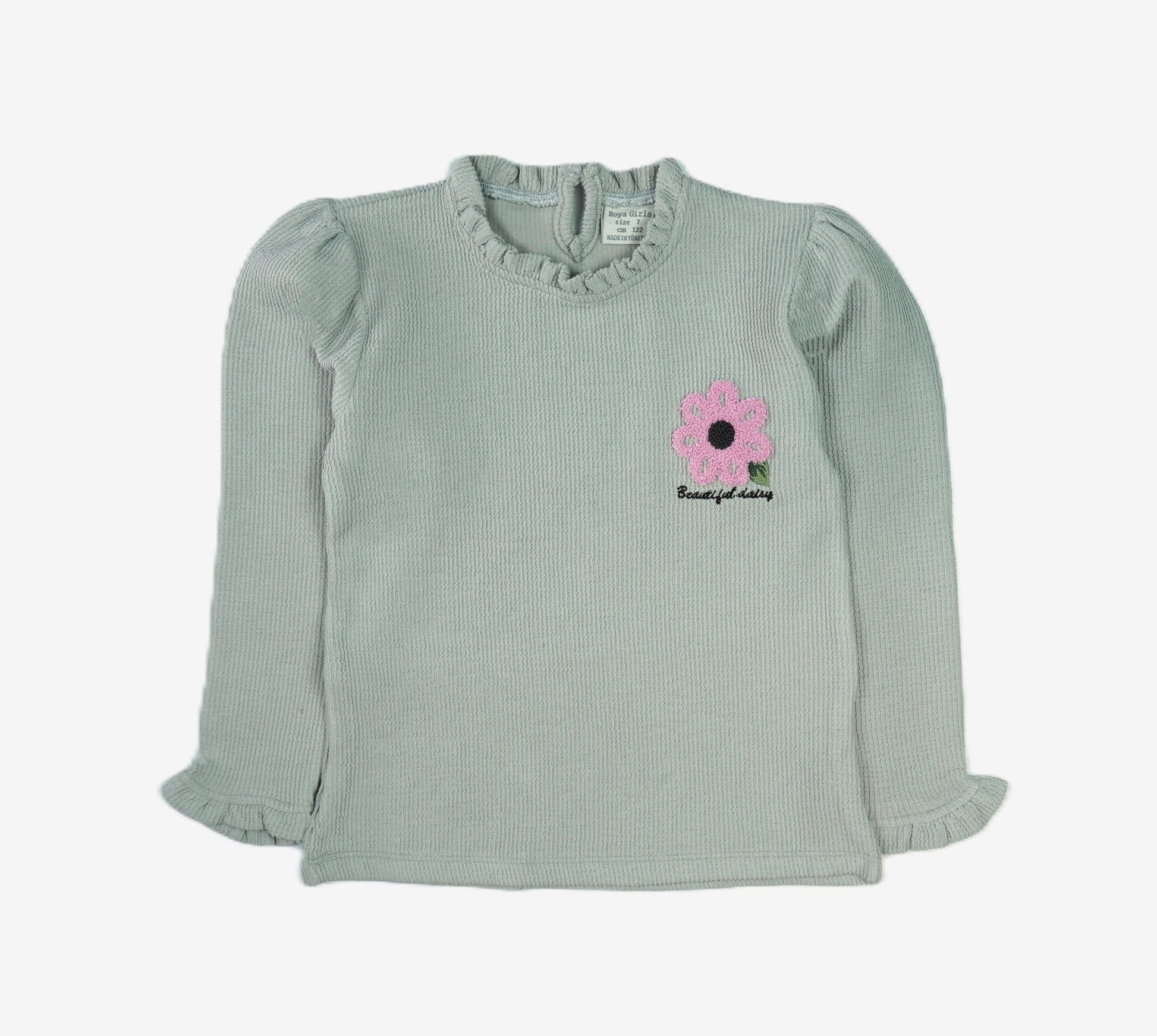 🌼 Roya Girls Mädchen Langarmshirt – Salbei "Beautiful Daisy" Stickerei