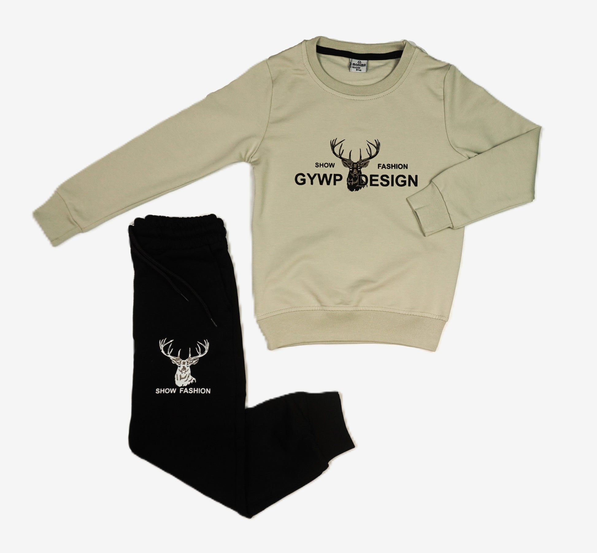 🦌 Show Fashion Kinder Jogginganzug – "GYWP Design" Beige & Schwarz (Sweatshirt & Hose)