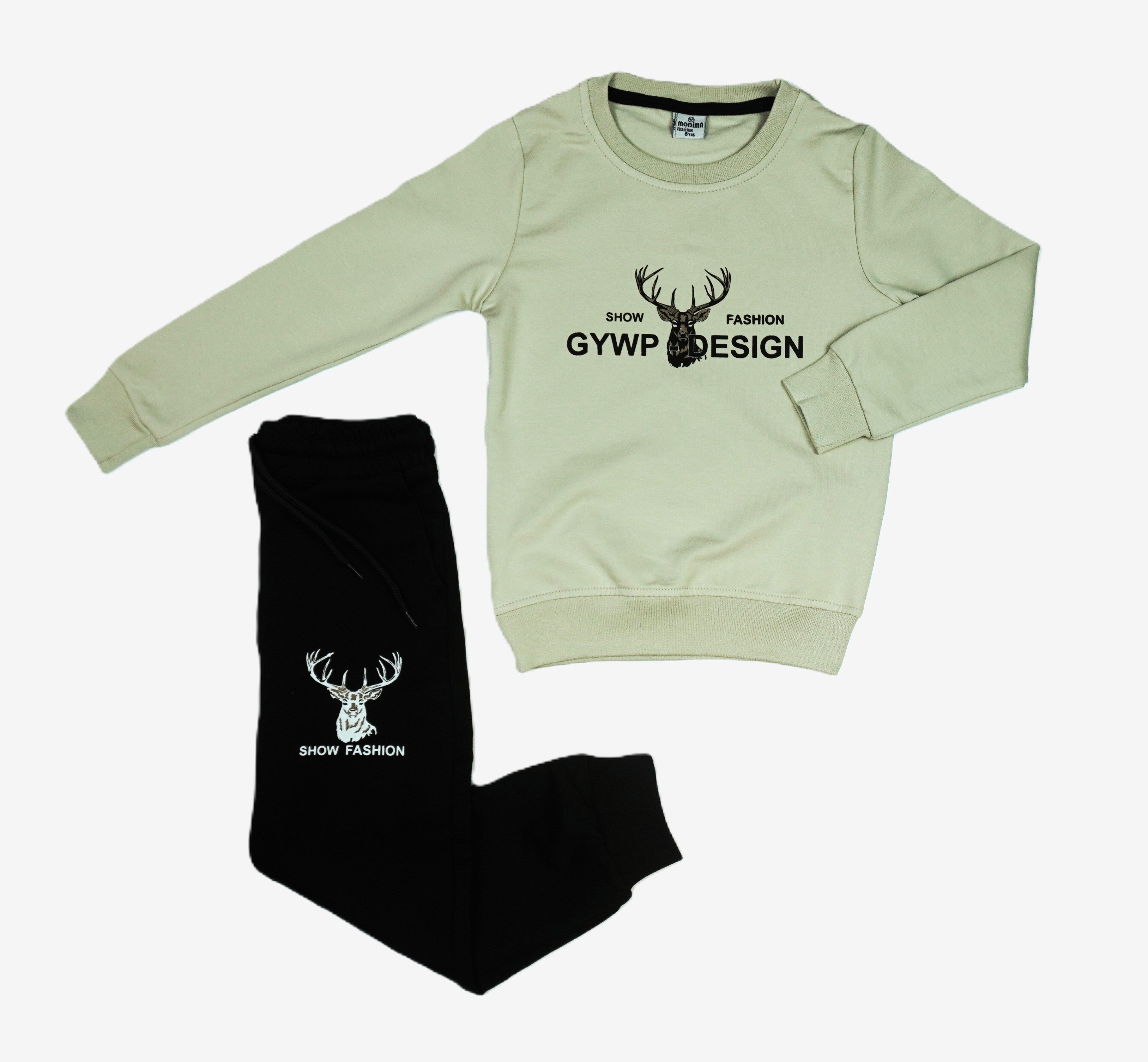 🦌 Show Fashion Kinder Jogginganzug – "GYWP Design" Beige & Schwarz (Sweatshirt & Hose)