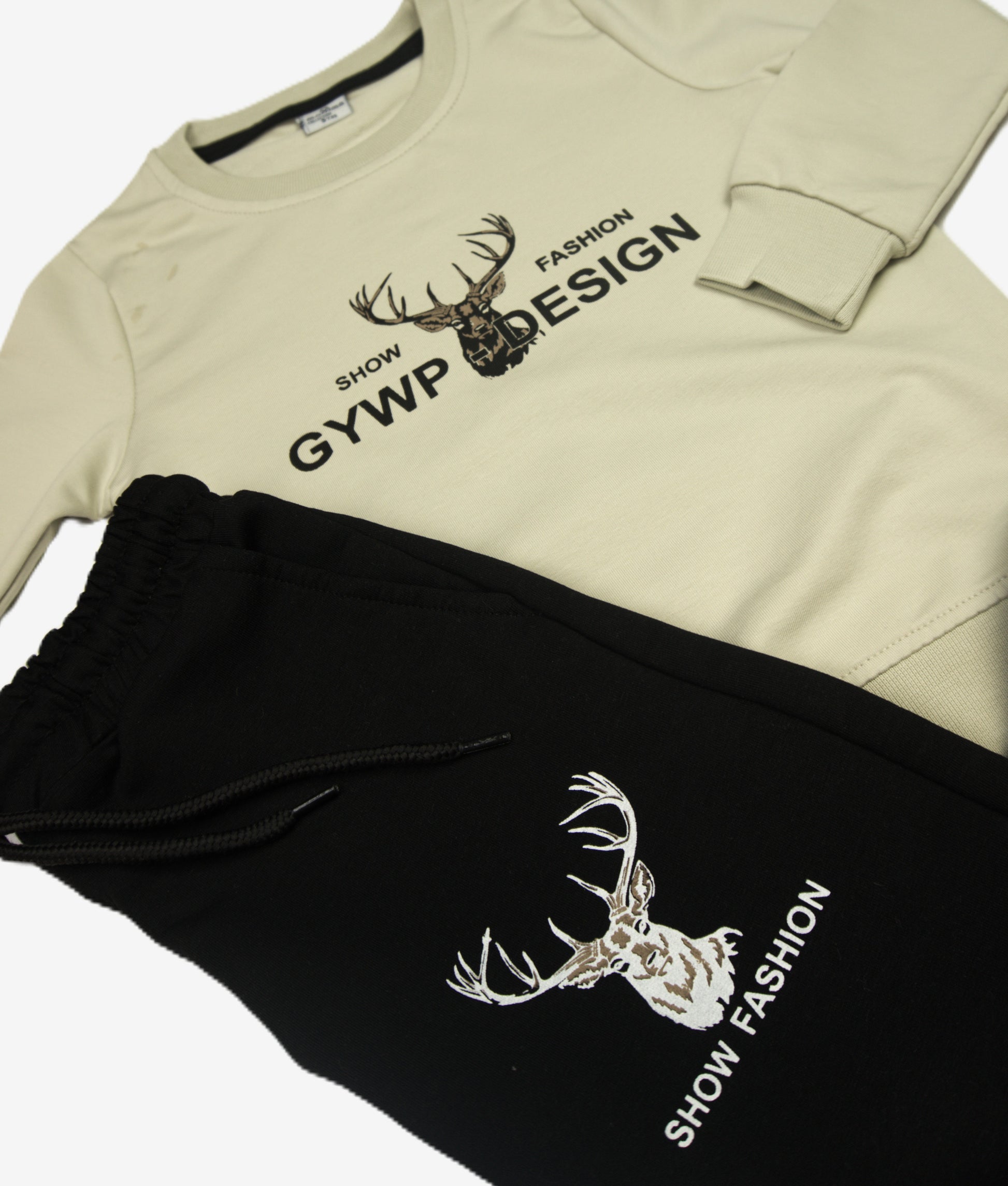 🦌 Show Fashion Kinder Jogginganzug – "GYWP Design" Beige & Schwarz (Sweatshirt & Hose)