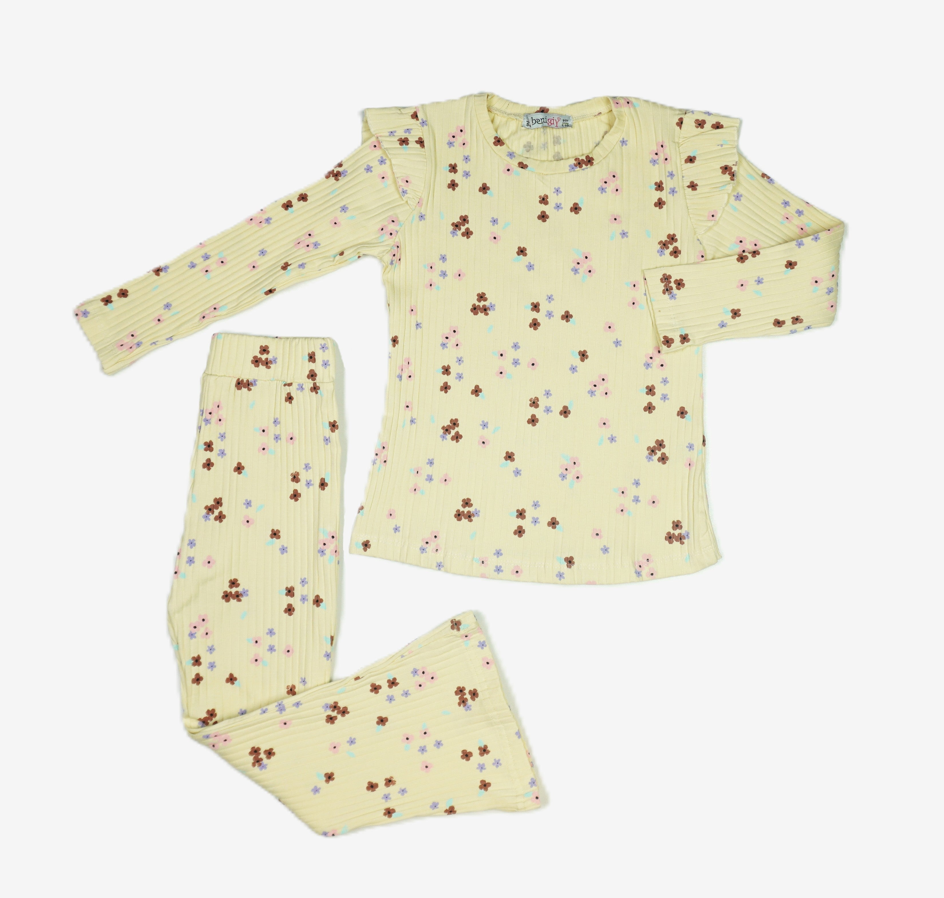 🌼 Benlion Mädchen Set – Vanille mit Blumen-Print (Langarmshirt & Schlaghose)