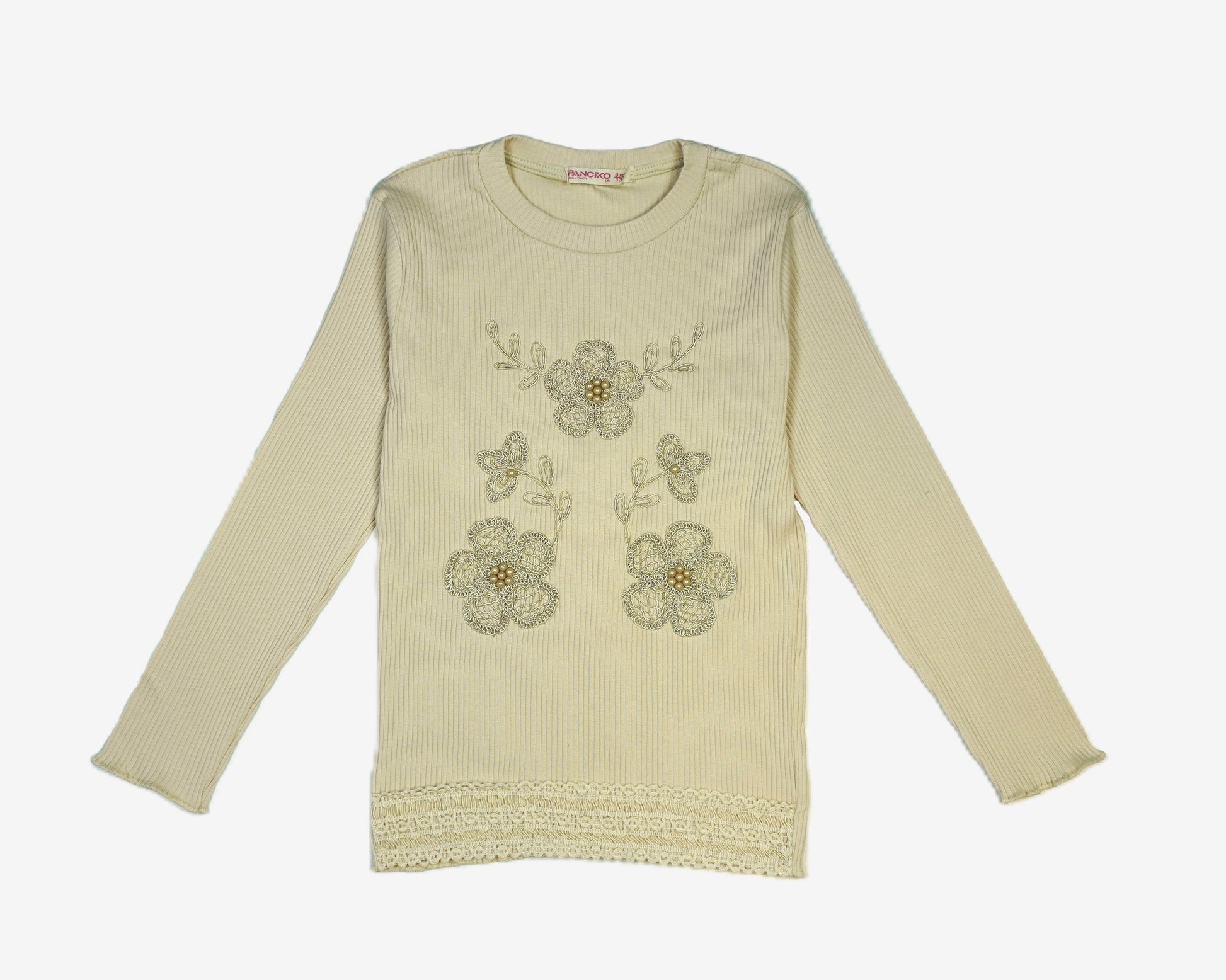 Maedchen Langarmshirt Ripp – Blumenstickerei Creme