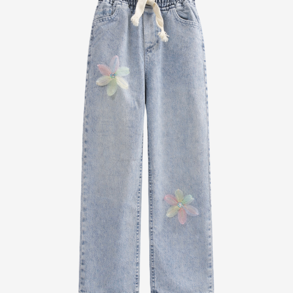 Mädchen Jeans mit Blumen-Applikationen Wide Leg