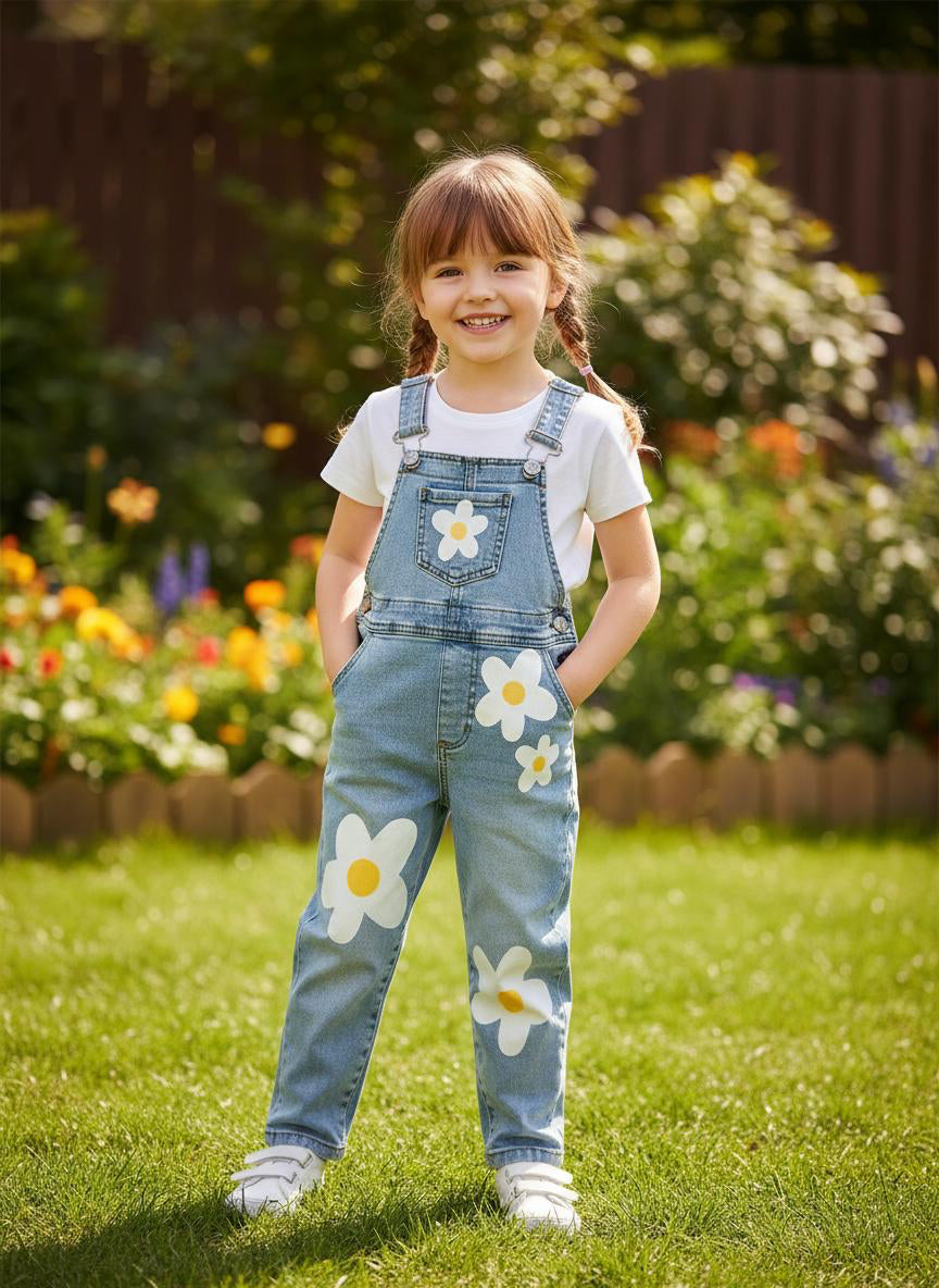 Mädchen Denim-Latzhose mit Blumenprint