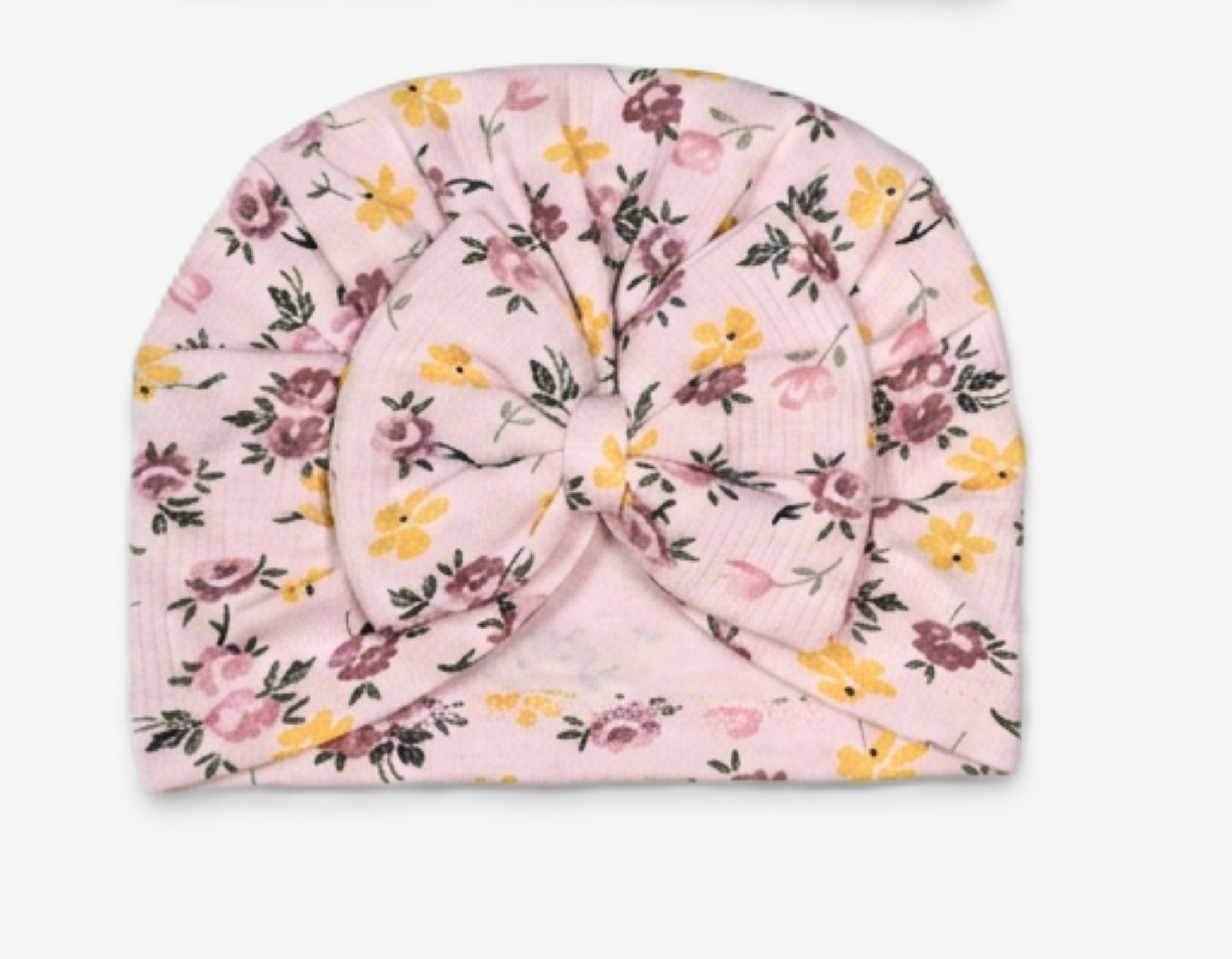Baby Turbanmütze rosa Blumenmuster mit Schleife Seitenansicht